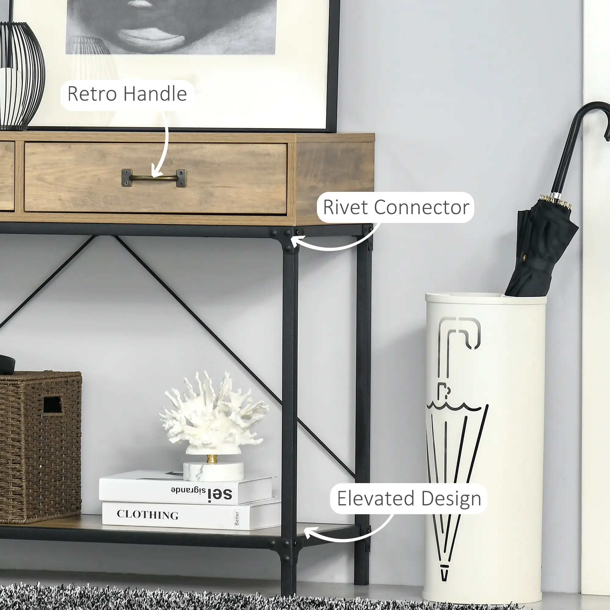 Vintage Sofa Console Table, Entryway Table with Drawers, Storage Shelf