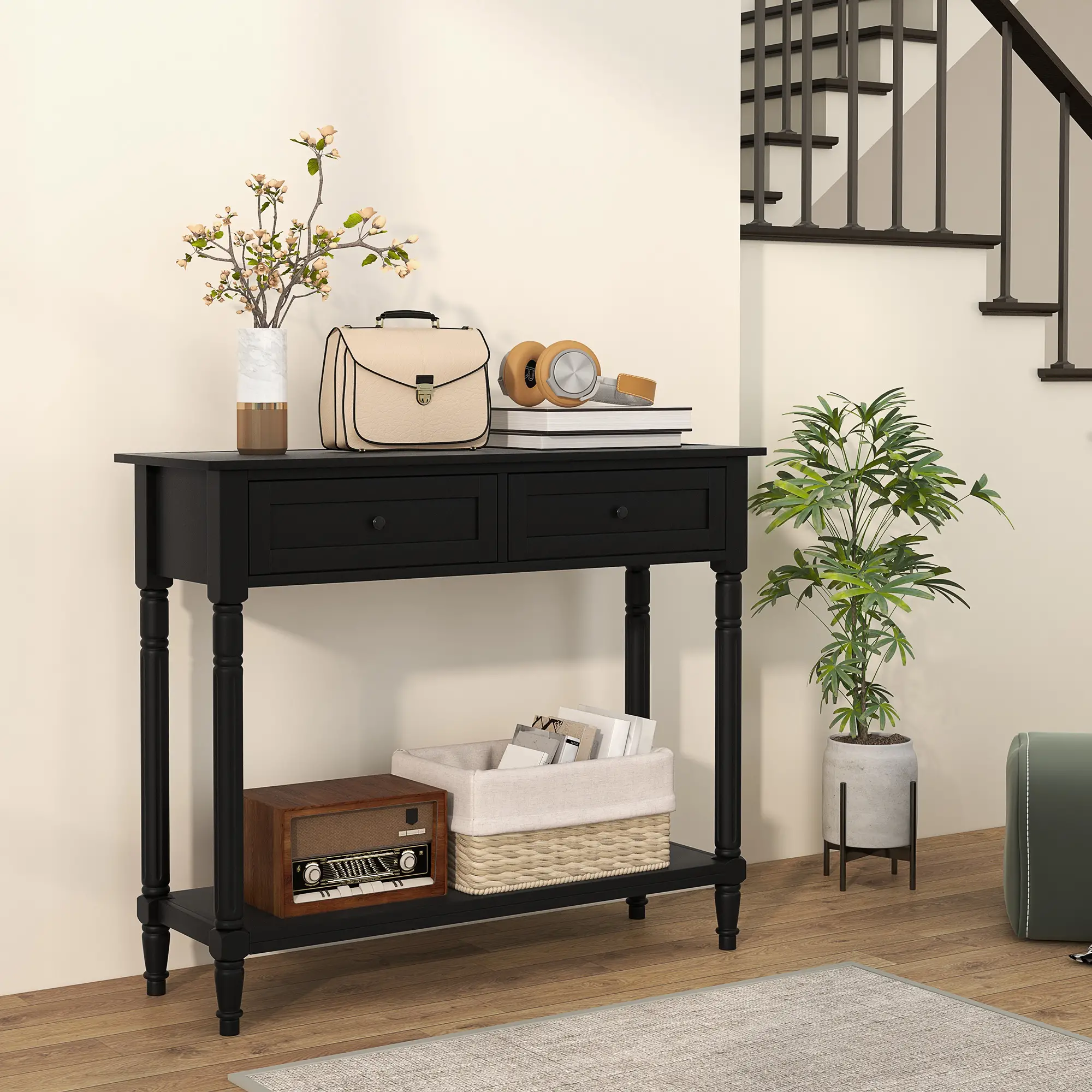 Hallway Console Table, Modern Entryway Table with 2 Drawers, Storage Shelf, Turned Legs