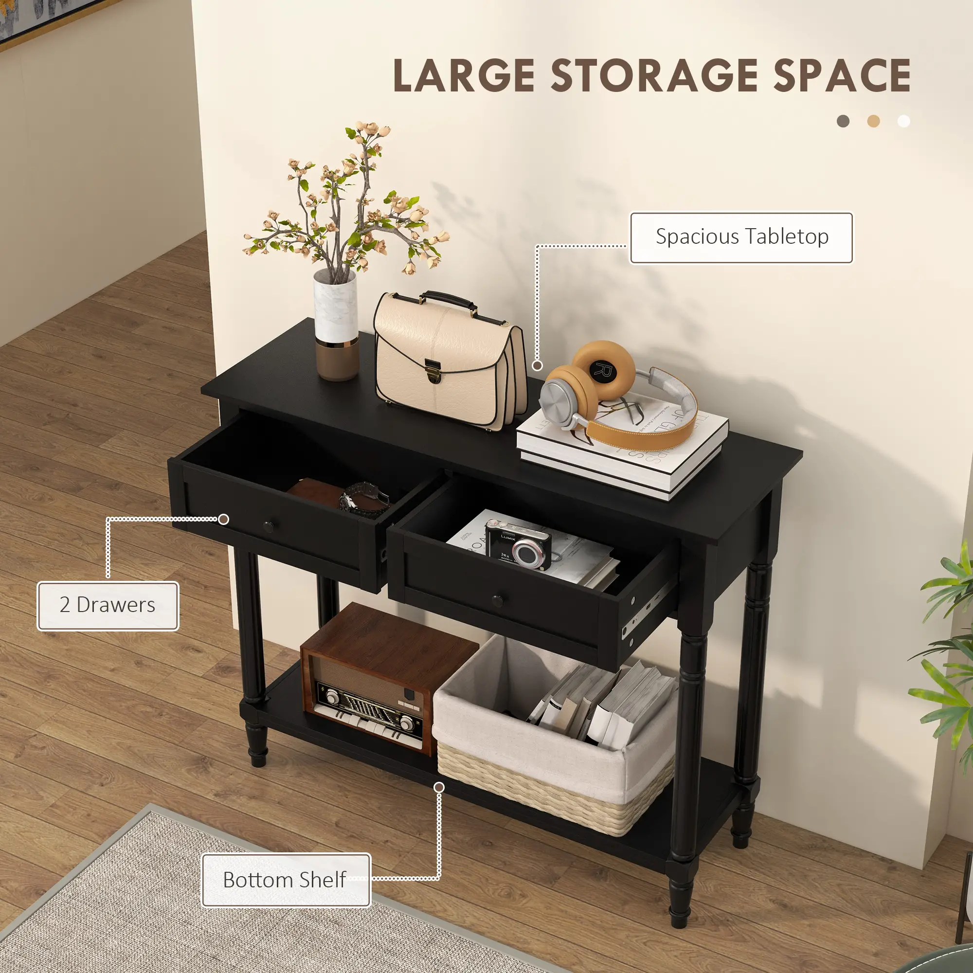 Hallway Console Table, Modern Entryway Table with 2 Drawers, Storage Shelf, Turned Legs