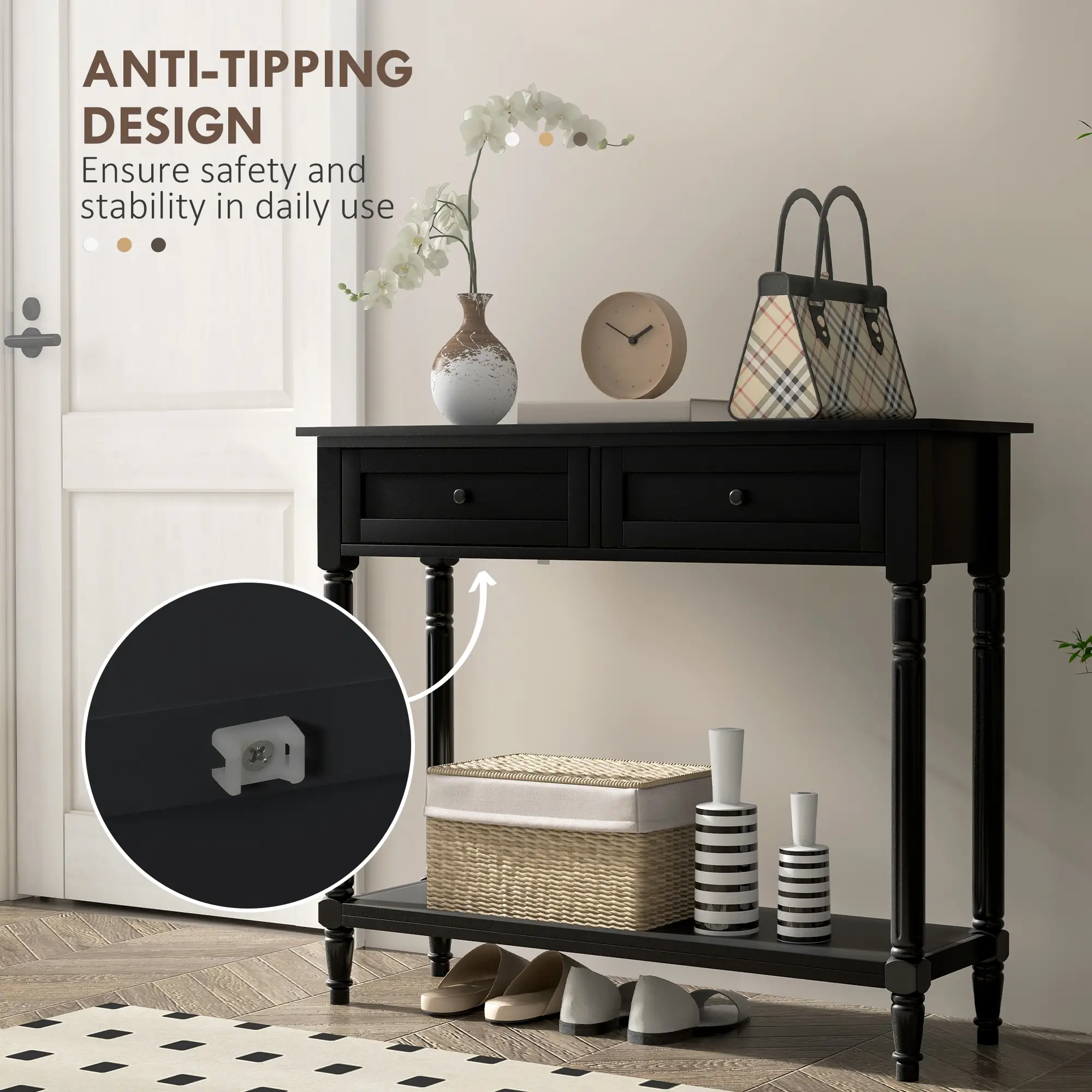 Hallway Console Table, Modern Entryway Table with 2 Drawers, Storage Shelf, Turned Legs