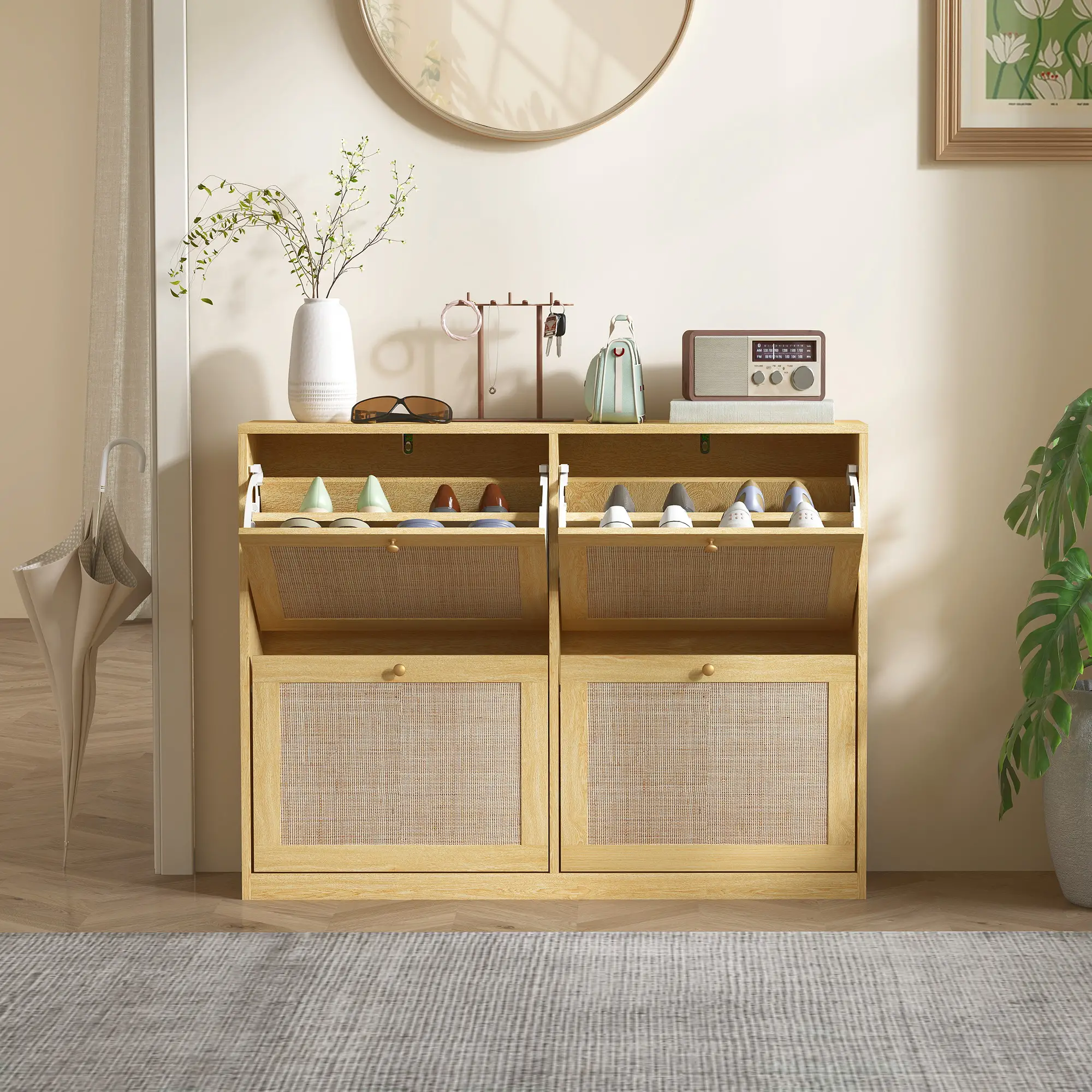 Narrow Shoe Storage Cabinet, Rattan Shoe Cabinet with 4 Flip Drawers and Adjustable Shelves for 20 Pairs