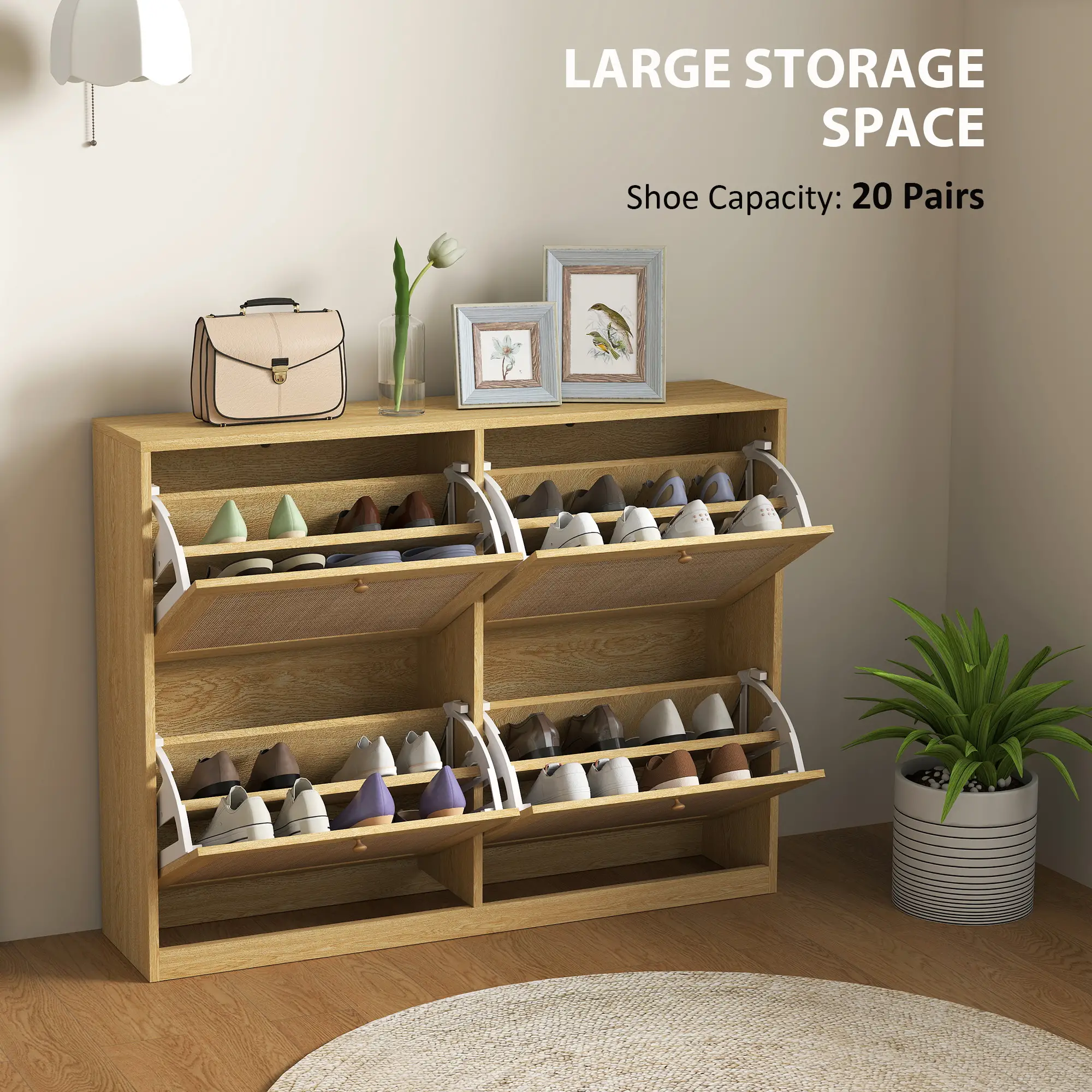 Narrow Shoe Storage Cabinet, Rattan Shoe Cabinet with 4 Flip Drawers and Adjustable Shelves for 20 Pairs
