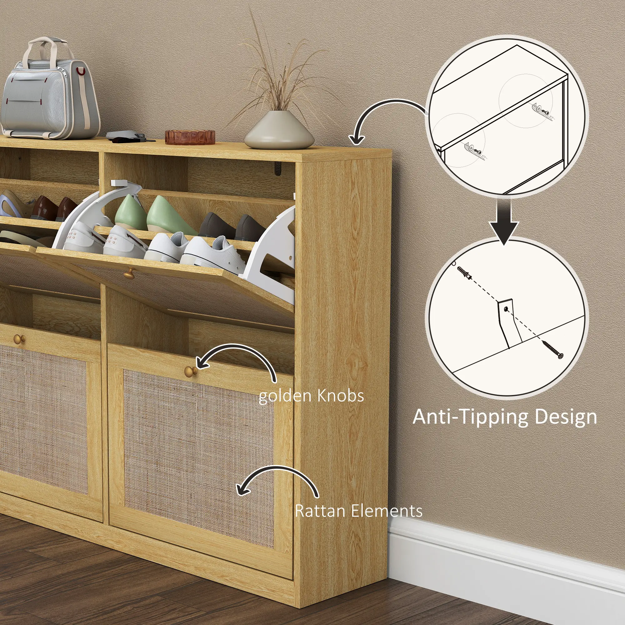 Narrow Shoe Storage Cabinet, Rattan Shoe Cabinet with 4 Flip Drawers and Adjustable Shelves for 20 Pairs