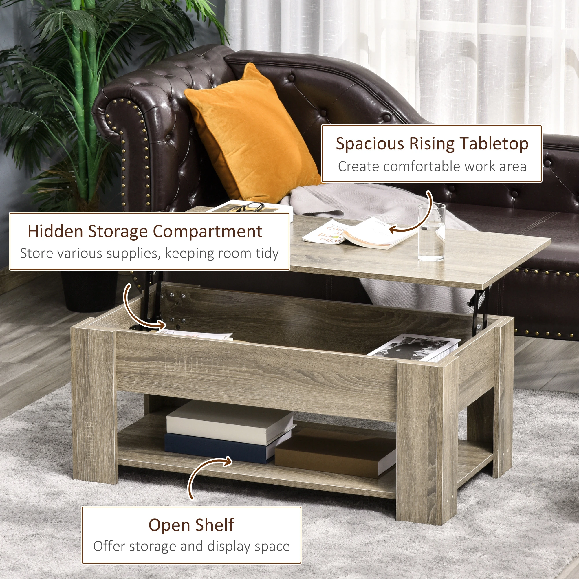 Lift Top Coffee Table with Hidden Storage Compartment and Open Shelf, Center Table
