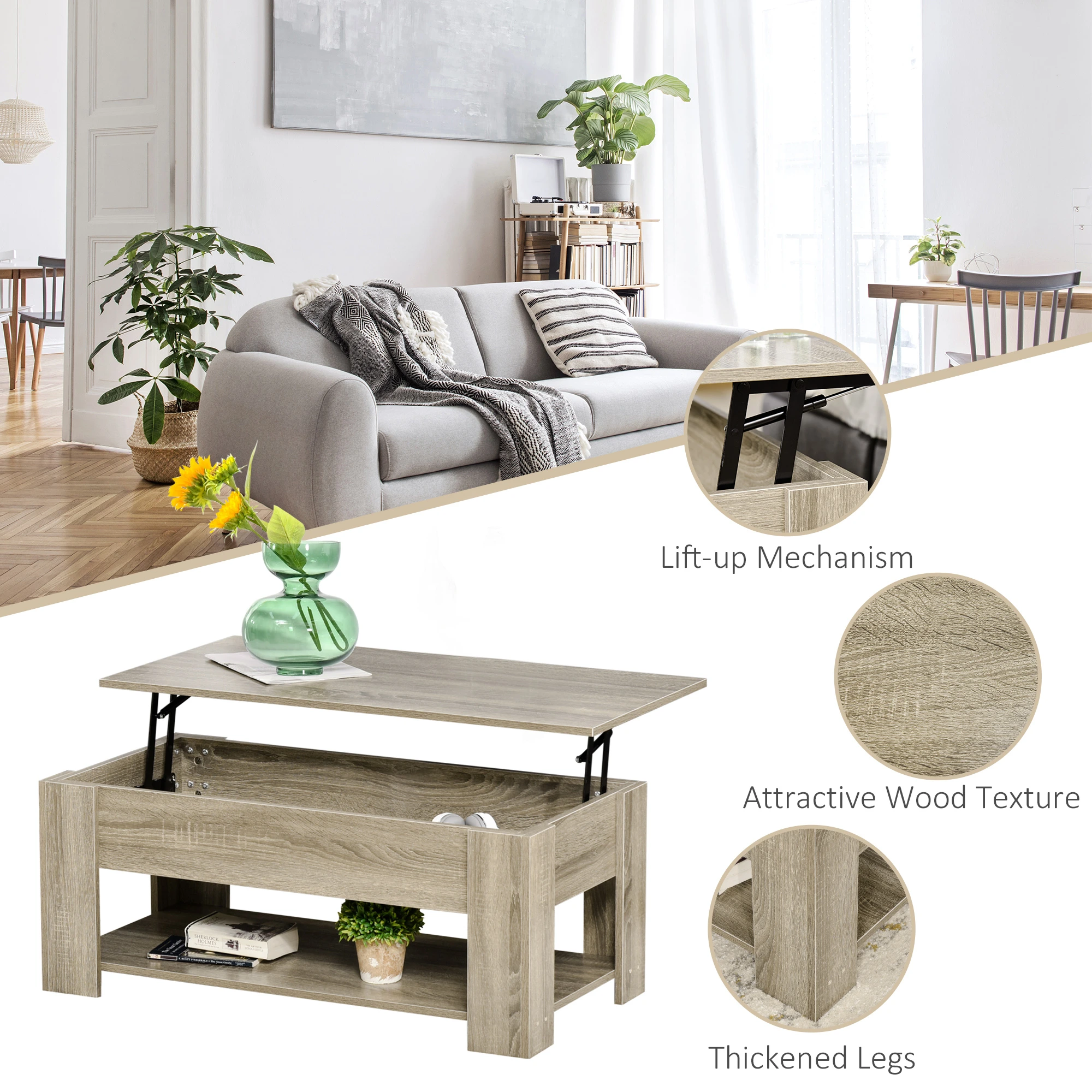 Lift Top Coffee Table with Hidden Storage Compartment and Open Shelf, Center Table