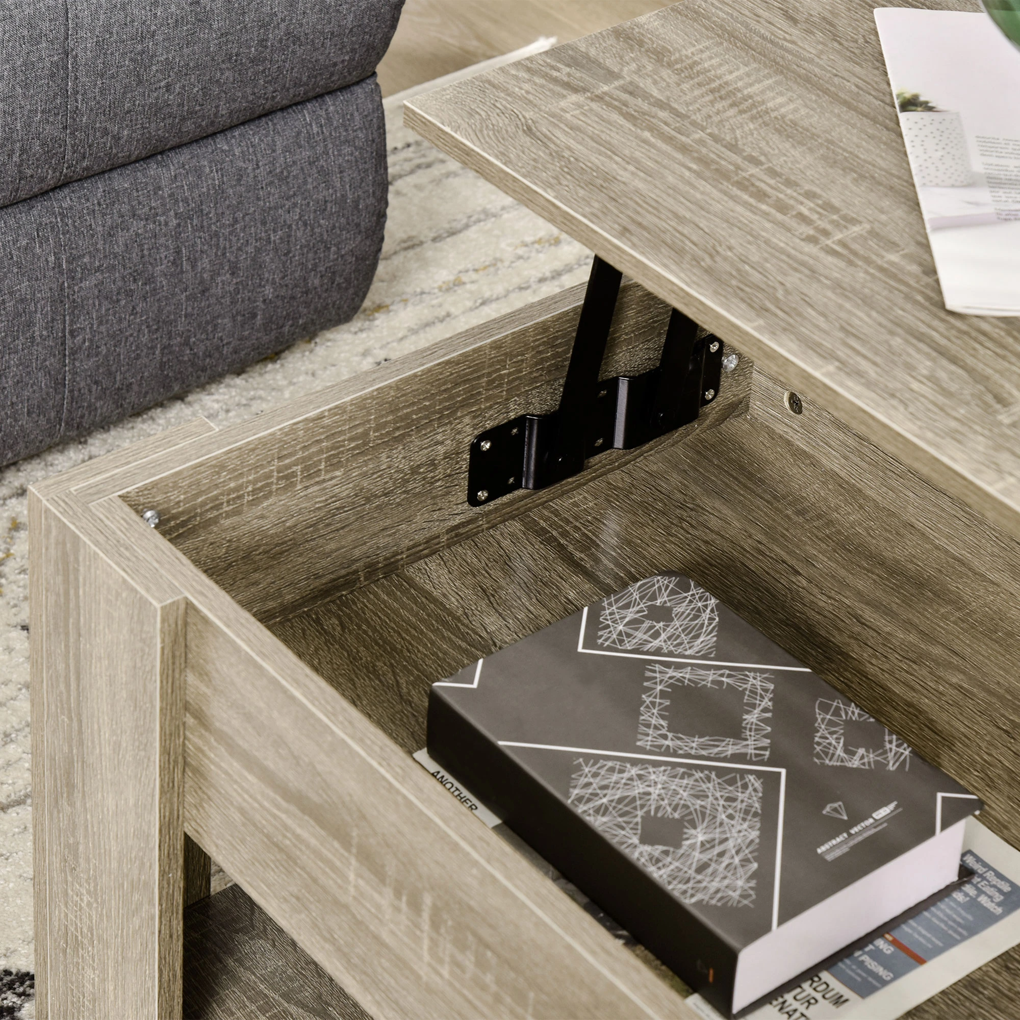 Lift Top Coffee Table with Hidden Storage Compartment and Open Shelf, Center Table
