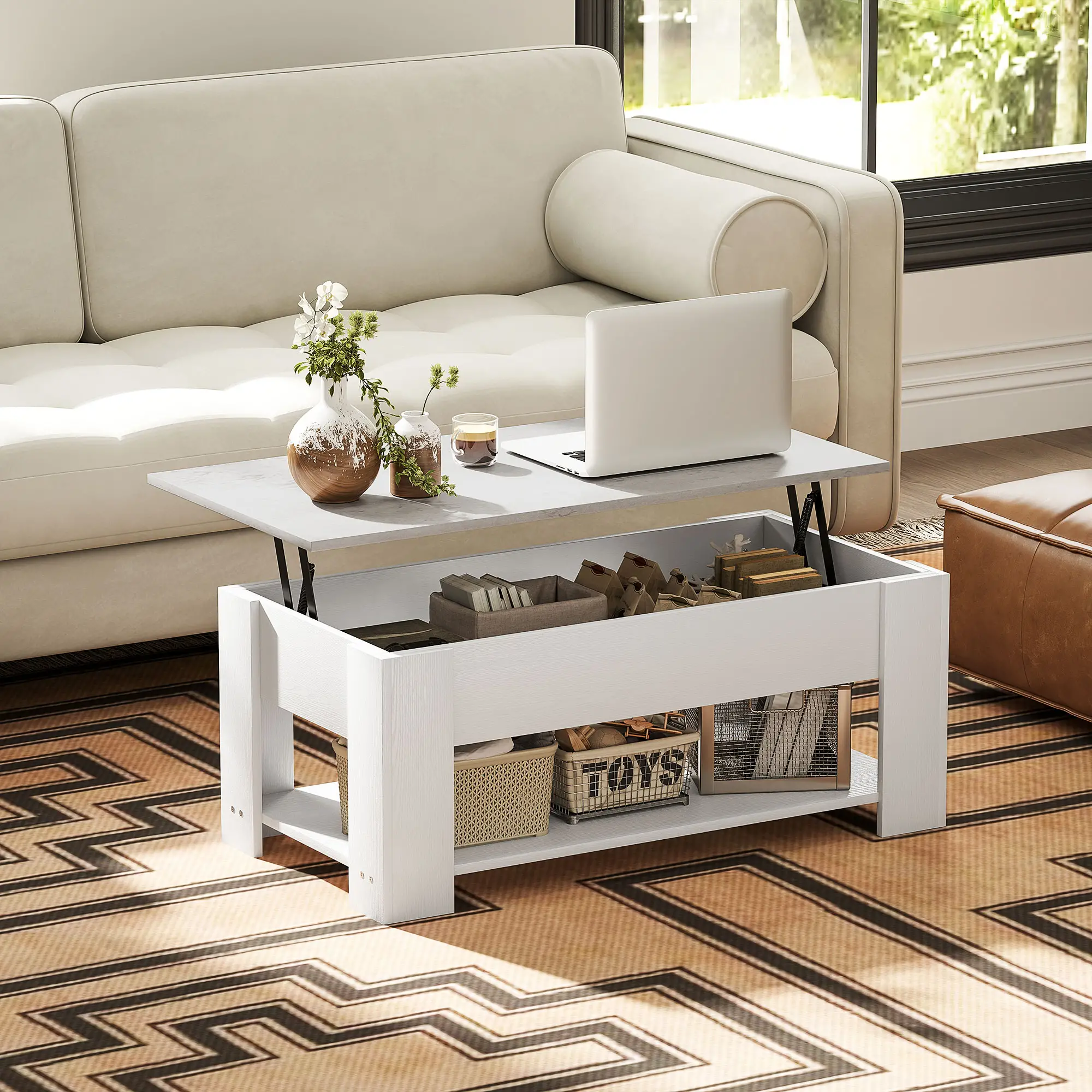 Lift Top Coffee Table with Hidden Storage Compartment and Open Shelf