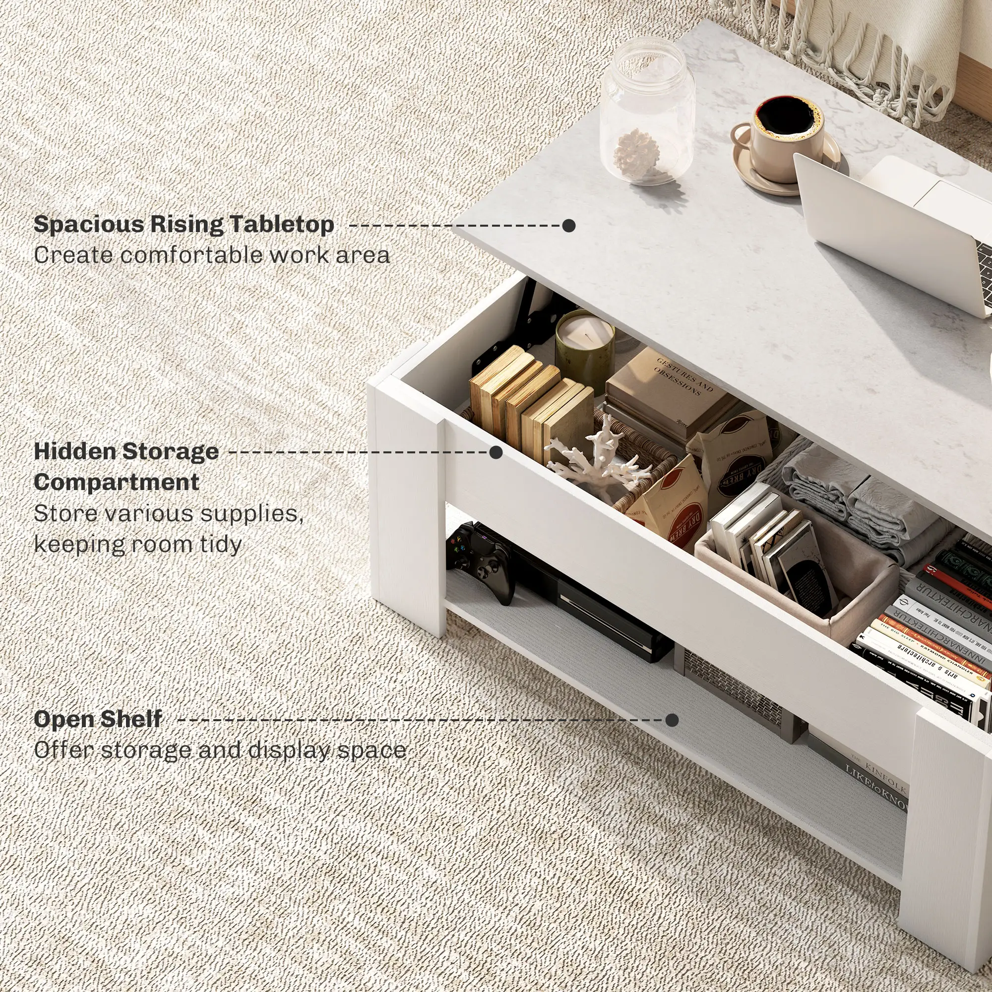 Lift Top Coffee Table with Hidden Storage Compartment and Open Shelf
