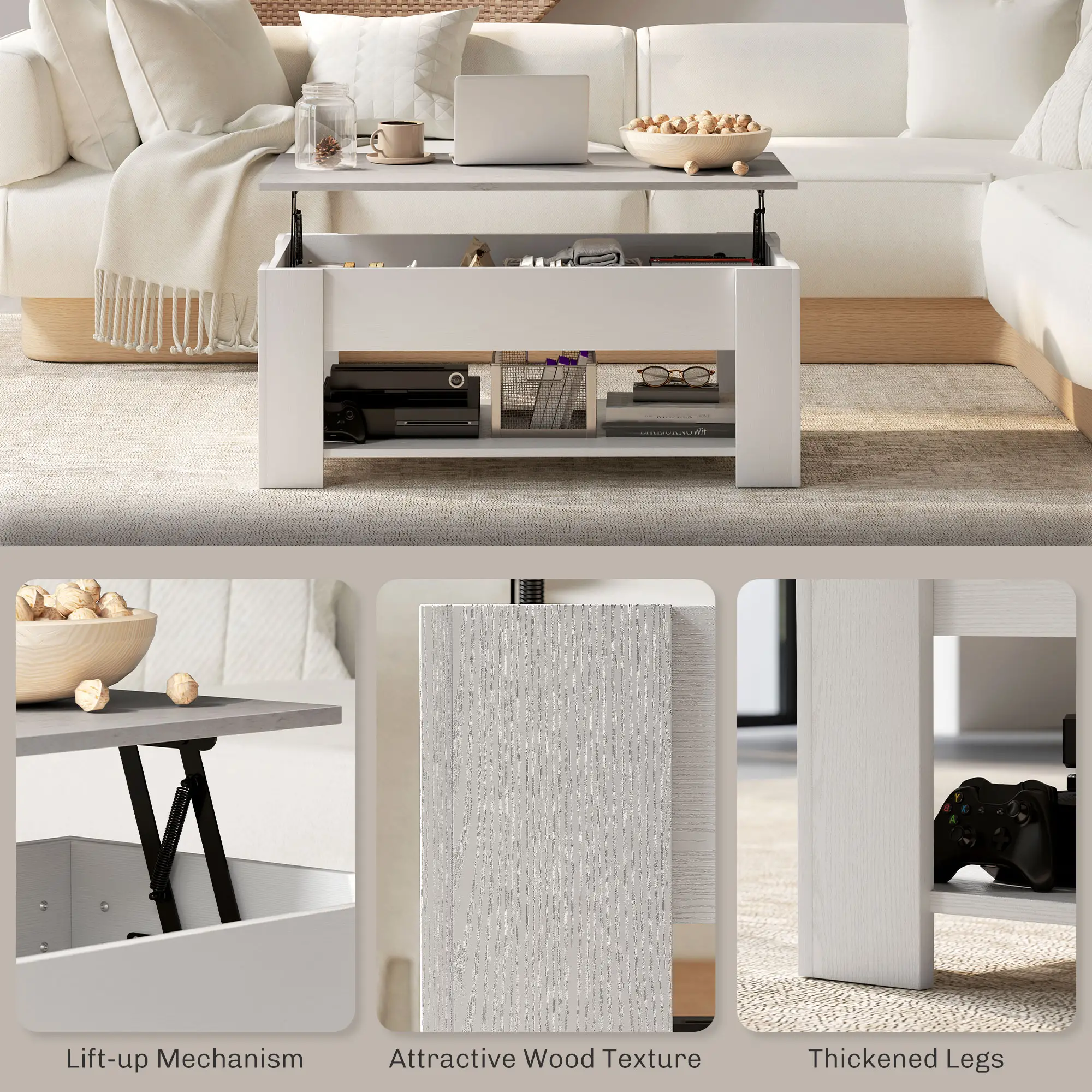 Lift Top Coffee Table with Hidden Storage Compartment and Open Shelf