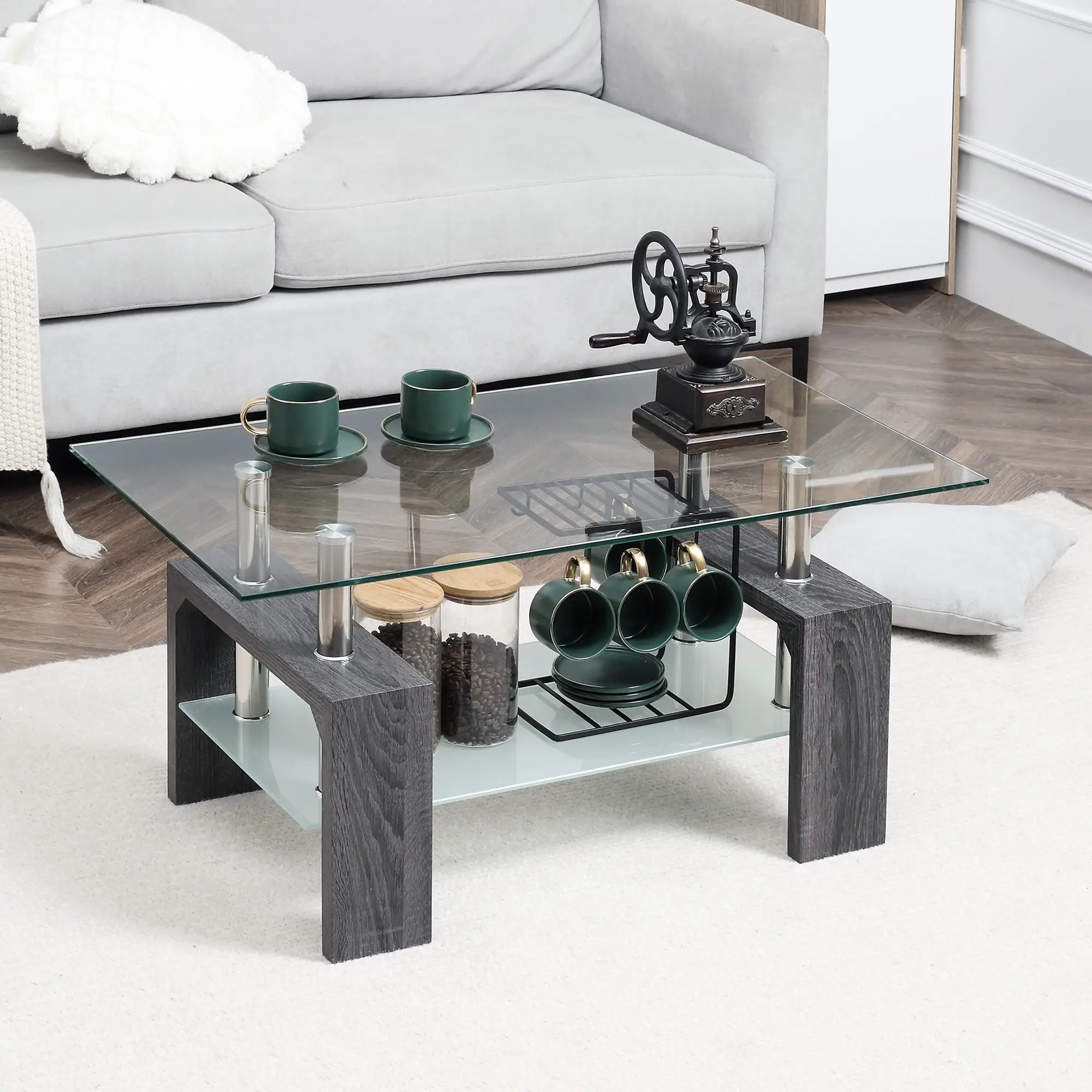 Rectangle Glass Coffee Table, 2-Tier Center Table with Tempered Glass Top and Storage Shelf