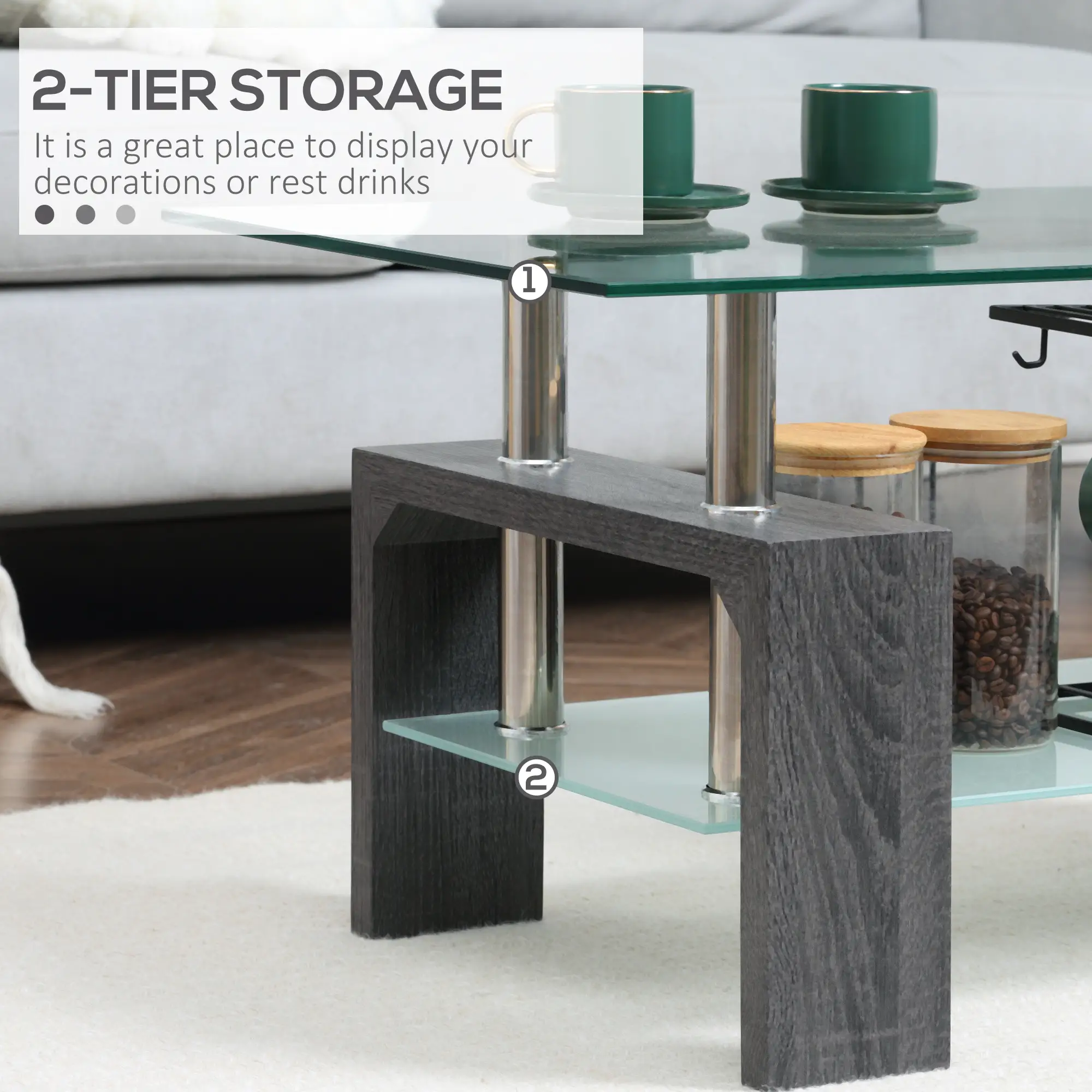 Rectangle Glass Coffee Table, 2-Tier Center Table with Tempered Glass Top and Storage Shelf