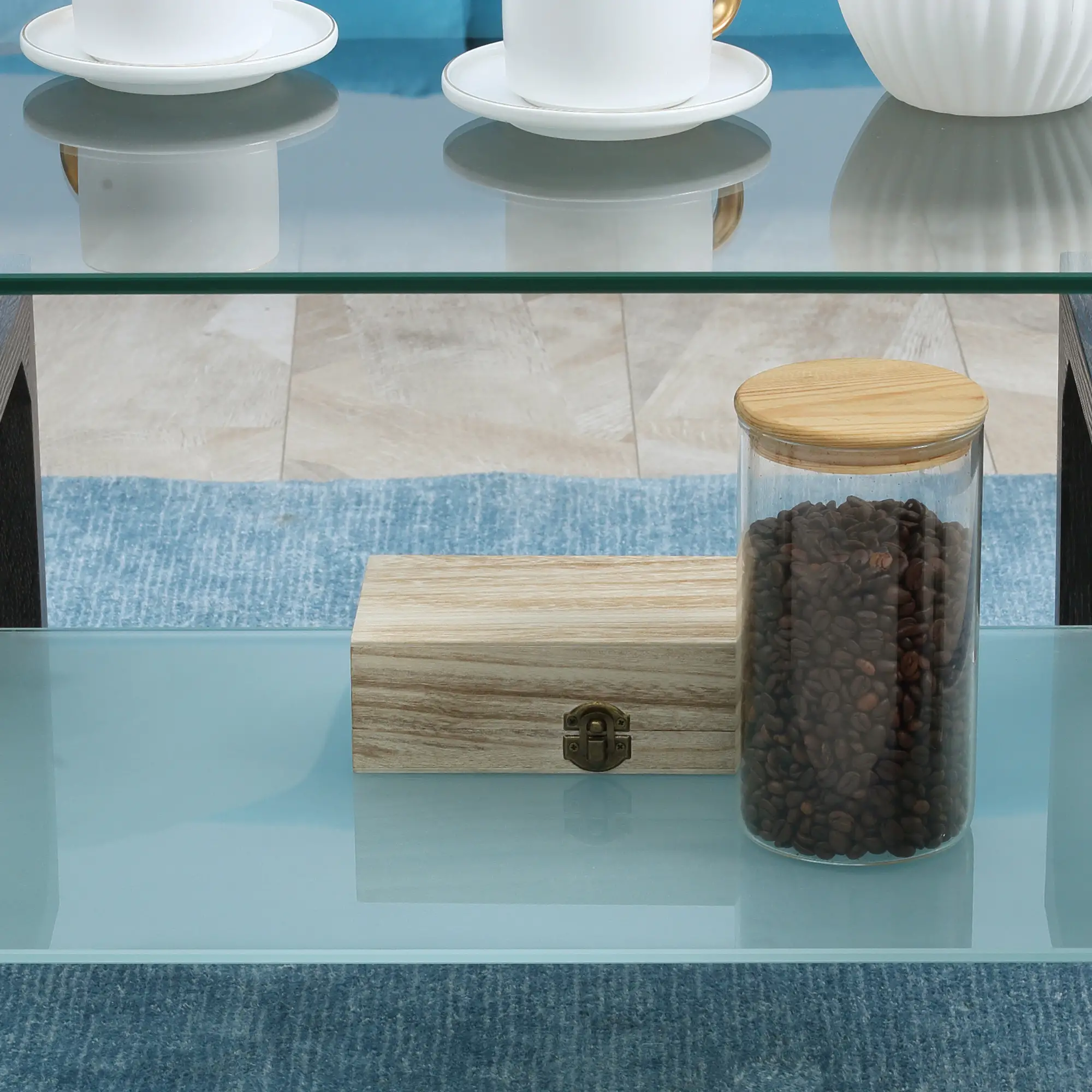 Rectangle Glass Coffee Table, 2-Tier Center Table with Tempered Glass Top and Storage Shelf