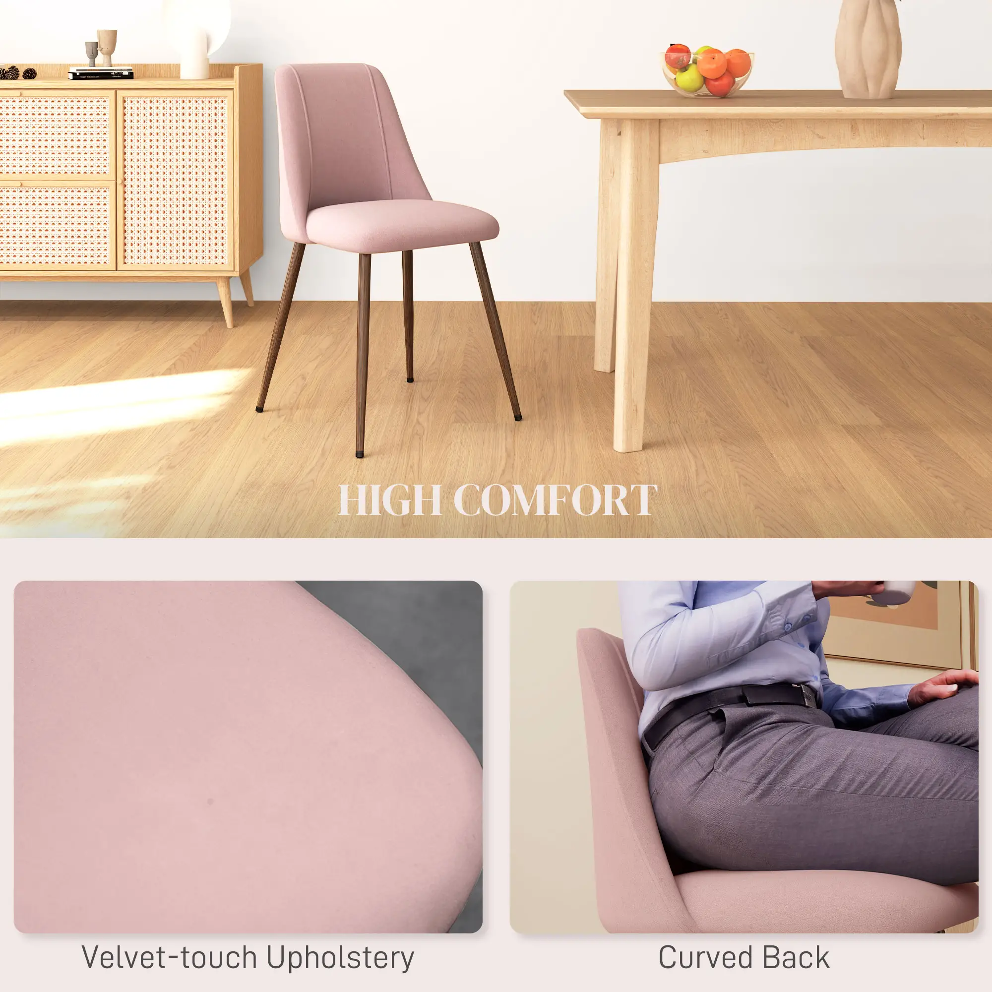 Upholstered Dining Chairs Set of 4, Velvet Accent Chair with Back and Wood-grain Steel Leg for Kitchen