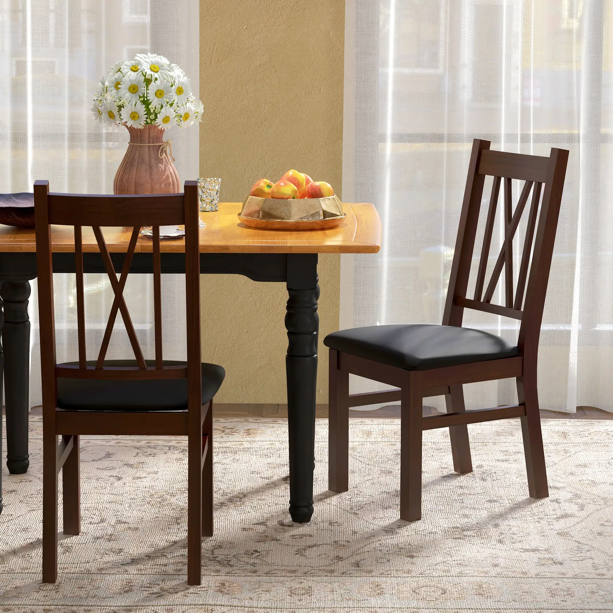  Farmhouse Dining Table Chairs Set of 2, Pine Wood Kitchen Table Chairs with PU Leather Cushion