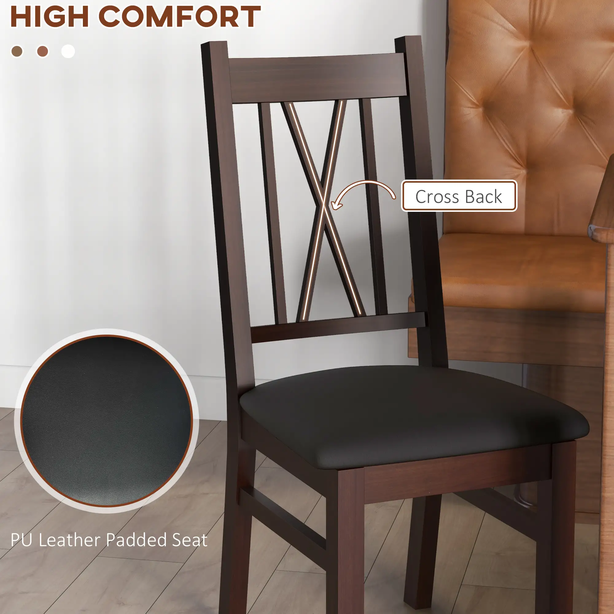  Farmhouse Dining Table Chairs Set of 2, Pine Wood Kitchen Table Chairs with PU Leather Cushion