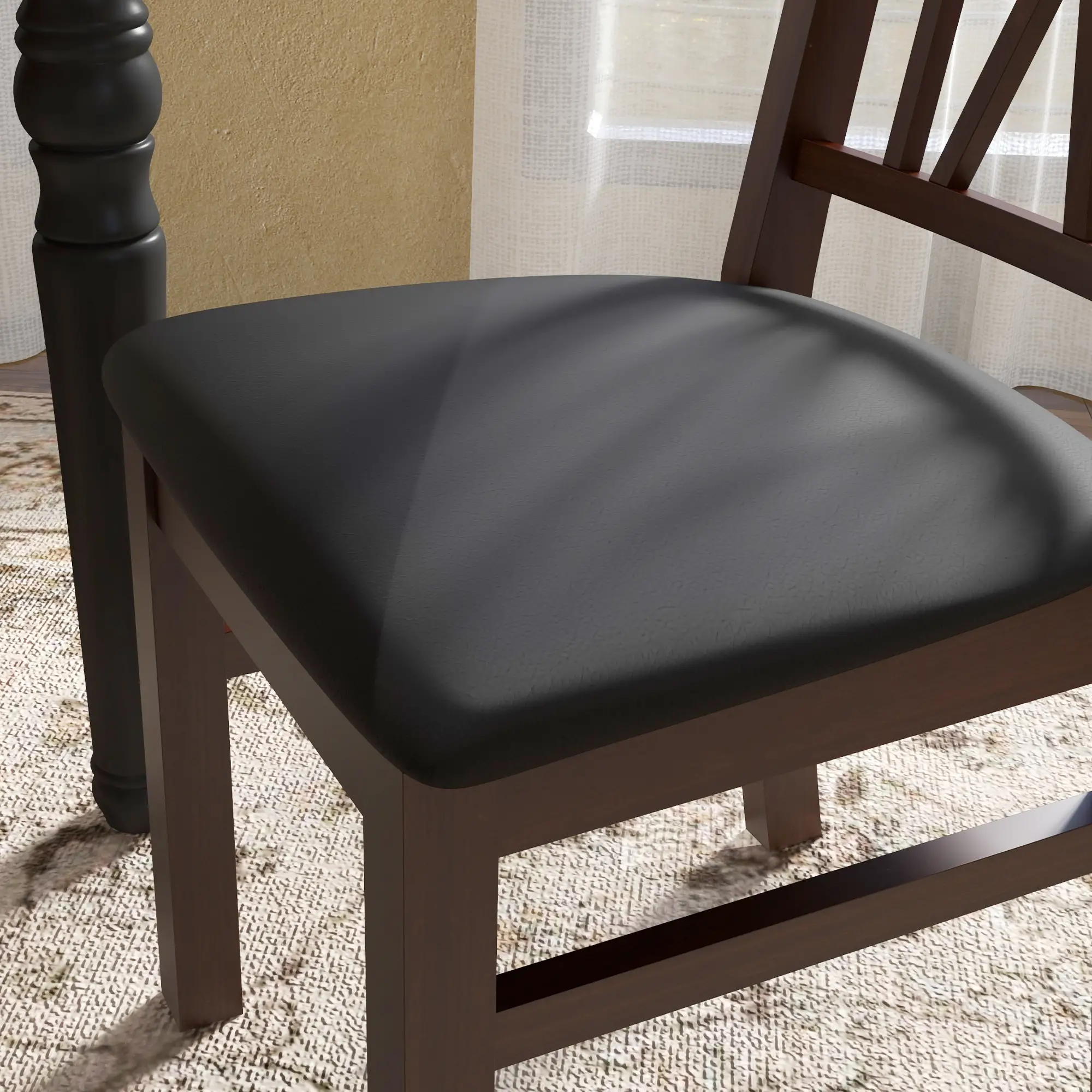  Farmhouse Dining Table Chairs Set of 2, Pine Wood Kitchen Table Chairs with PU Leather Cushion