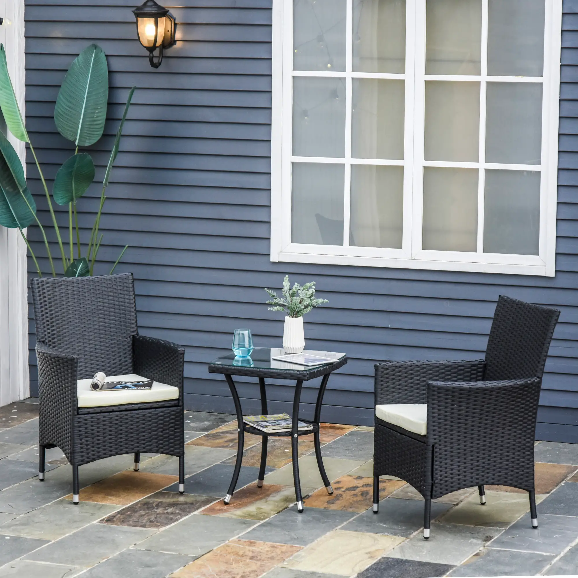 3 Pieces Patio Bistro Set, Outdoor PE Rattan Porch Furniture with Two Armchairs, Glass Top Coffee Table