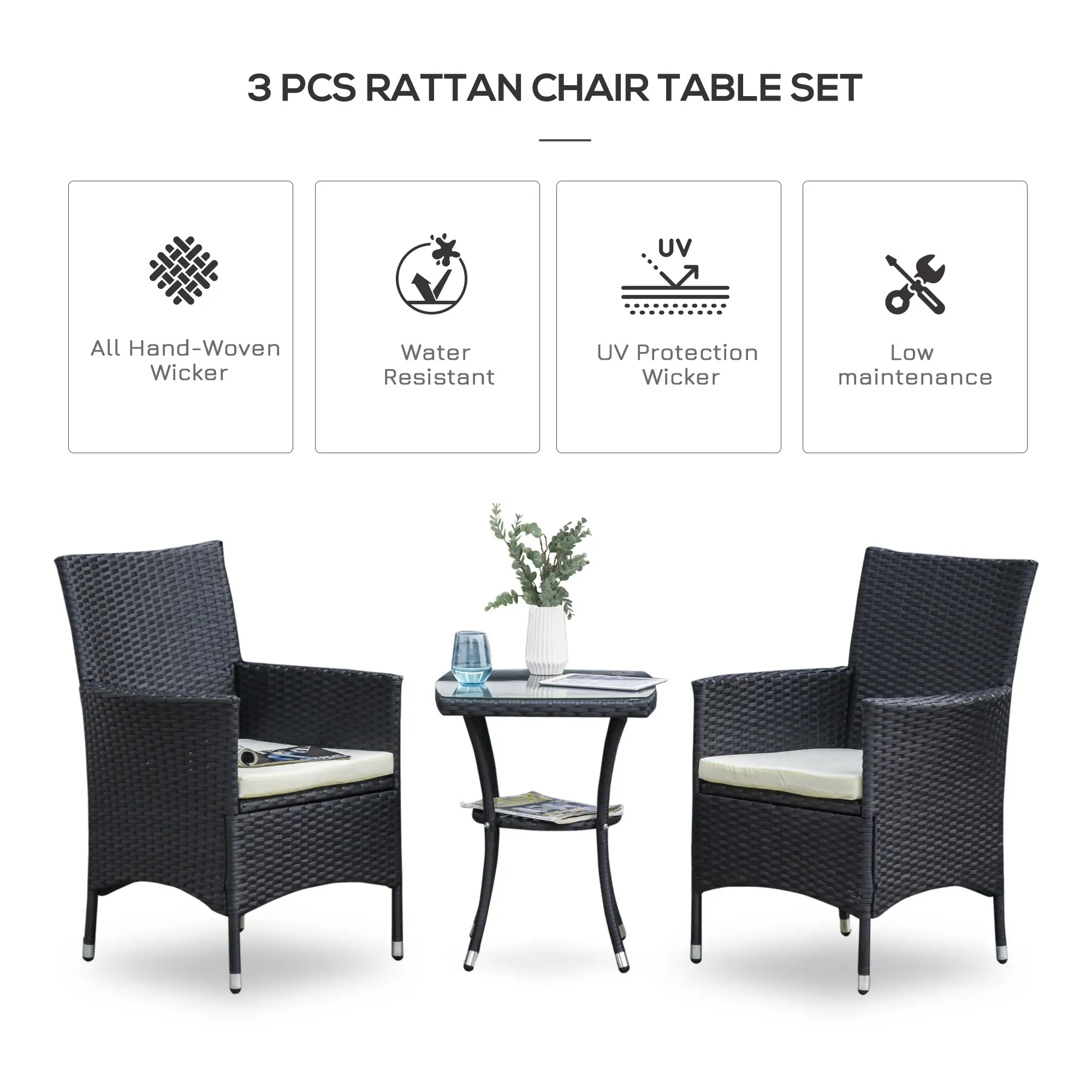 3 Pieces Patio Bistro Set, Outdoor PE Rattan Porch Furniture with Two Armchairs, Glass Top Coffee Table