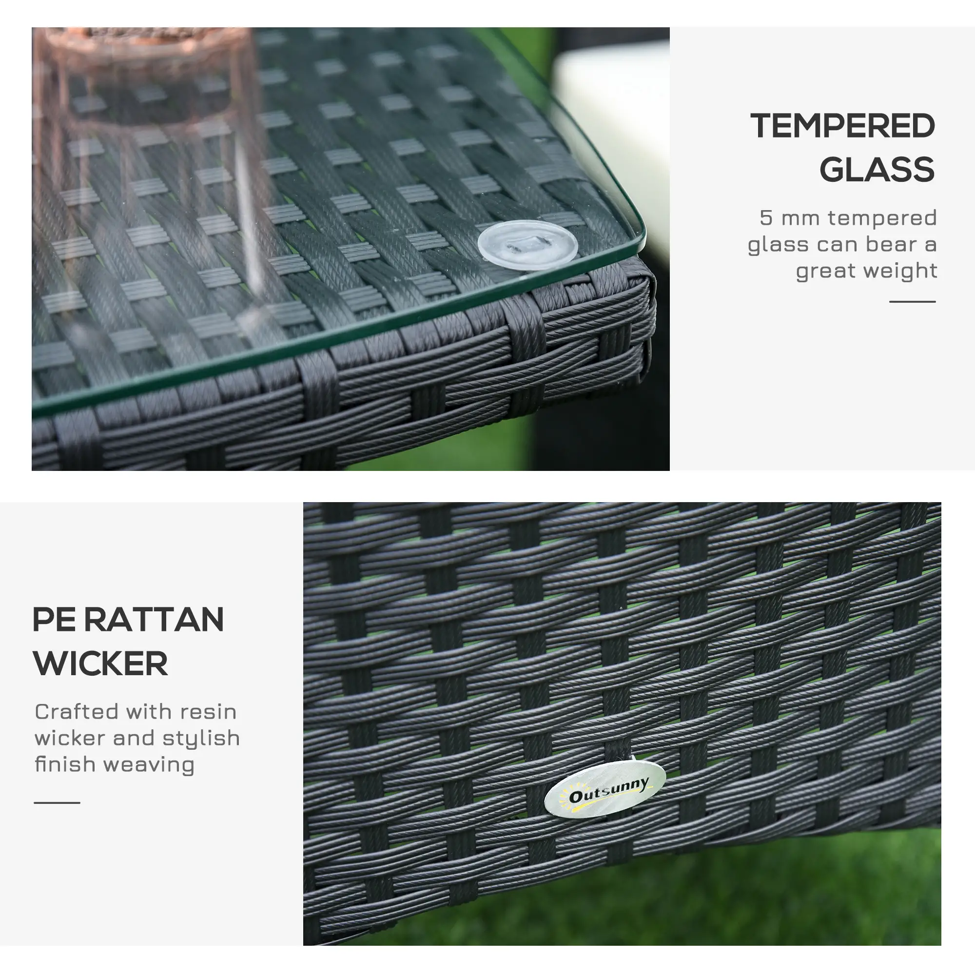 3 Pieces Patio Bistro Set, Outdoor PE Rattan Porch Furniture with Two Armchairs, Glass Top Coffee Table