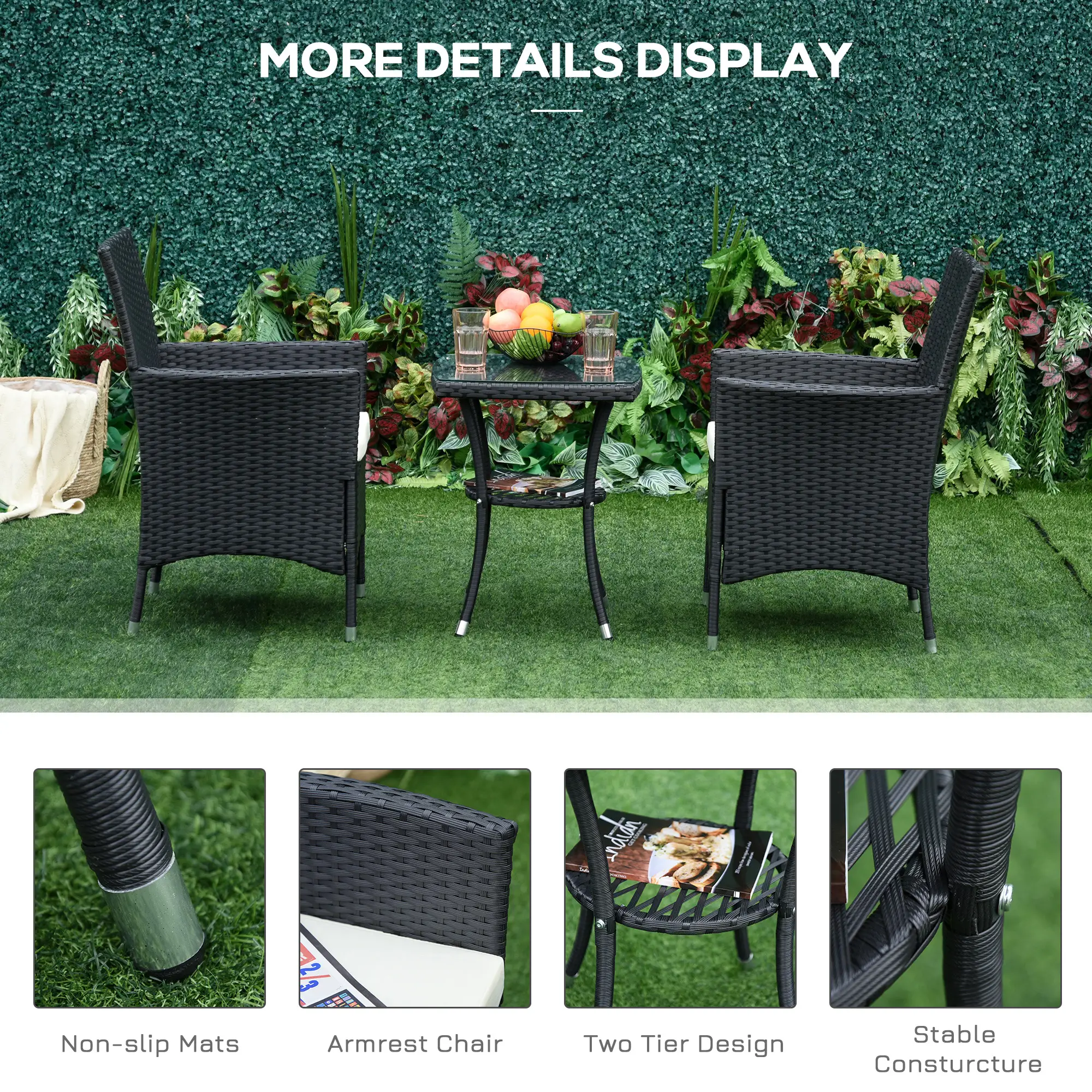 3 Pieces Patio Bistro Set, Outdoor PE Rattan Porch Furniture with Two Armchairs, Glass Top Coffee Table