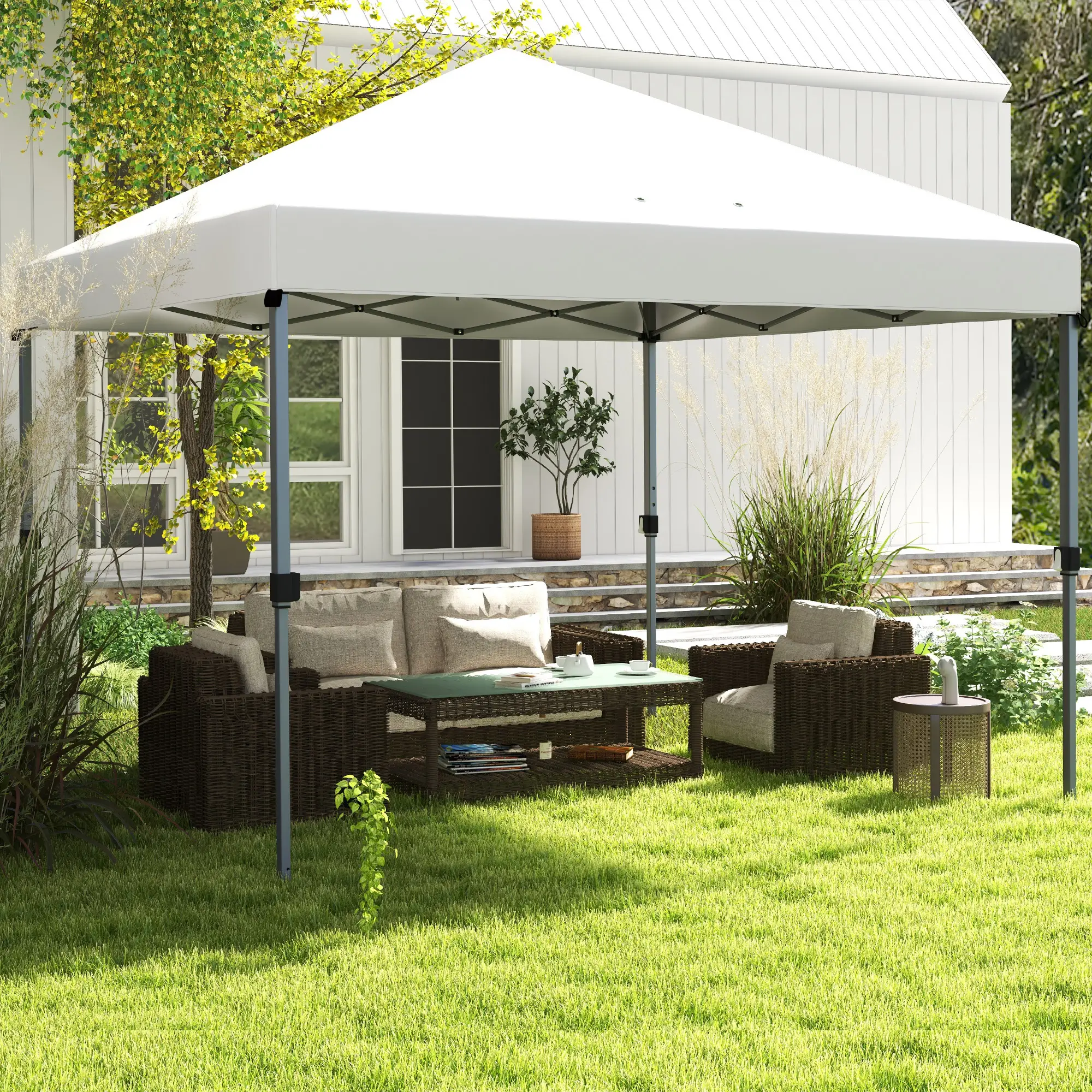 10x10FT Pop Up Canopy with 1-Button Push, Wheeled Bag, Stakes, Ropes, Sandbags, Height Adjustable Instant Sun Shelter