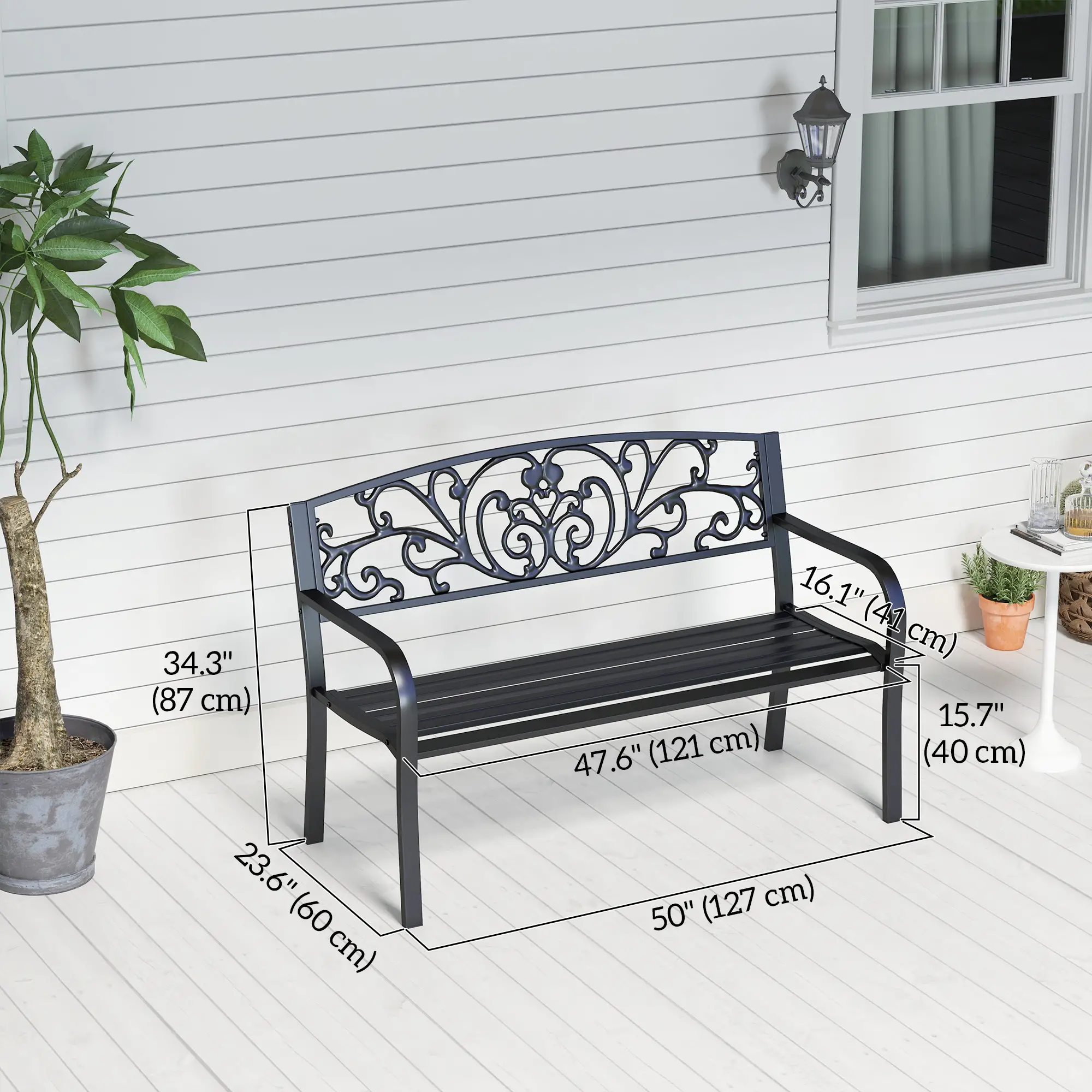 50" 2-Seater Garden Bench Chair, Outdoor Blossoming Pattern Garden Decorative Loveseat Bench 