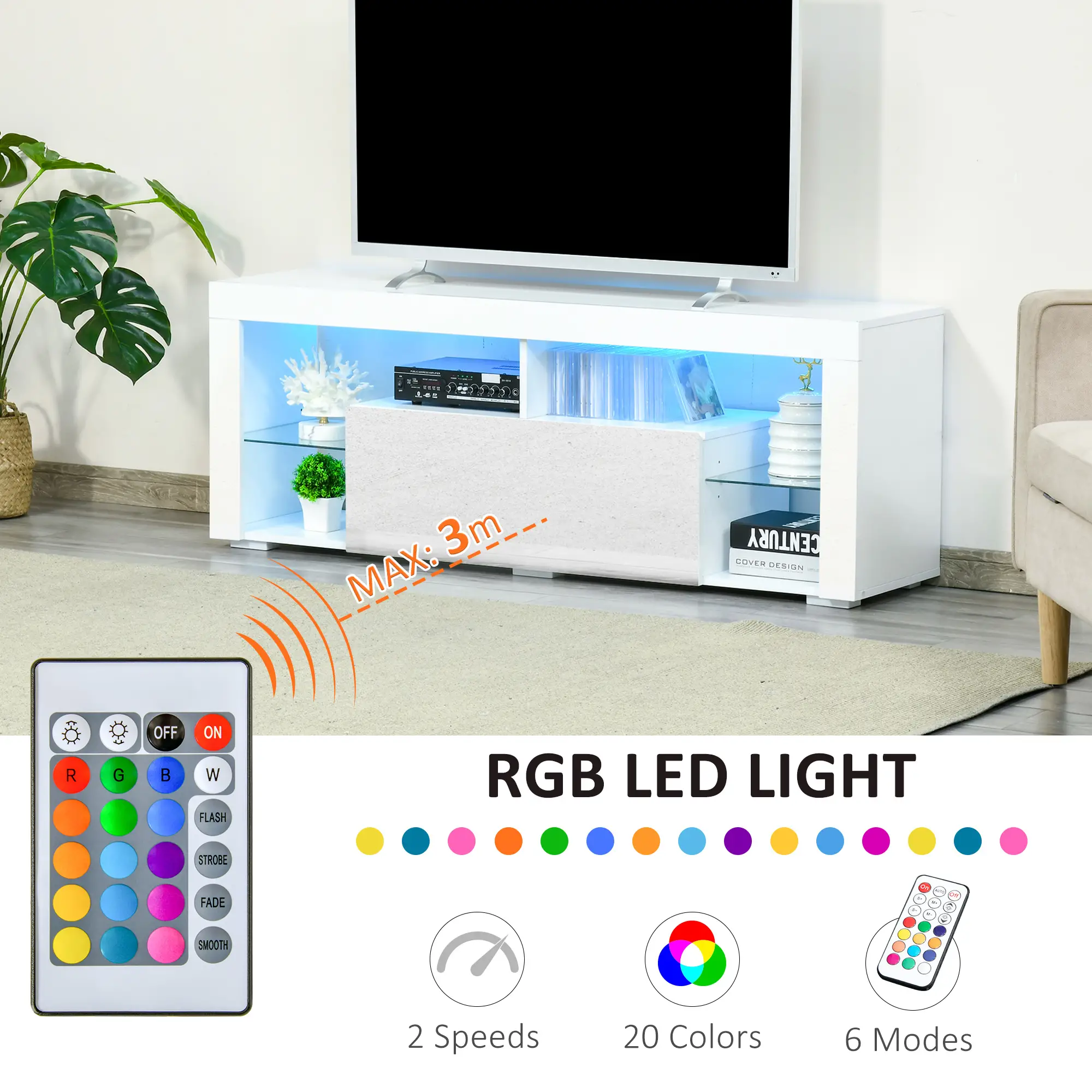 TV Stand for 55-Inch TVs, High Gloss TV Bench with LED Lights, Remote Control, Storage Drawer and Shelves