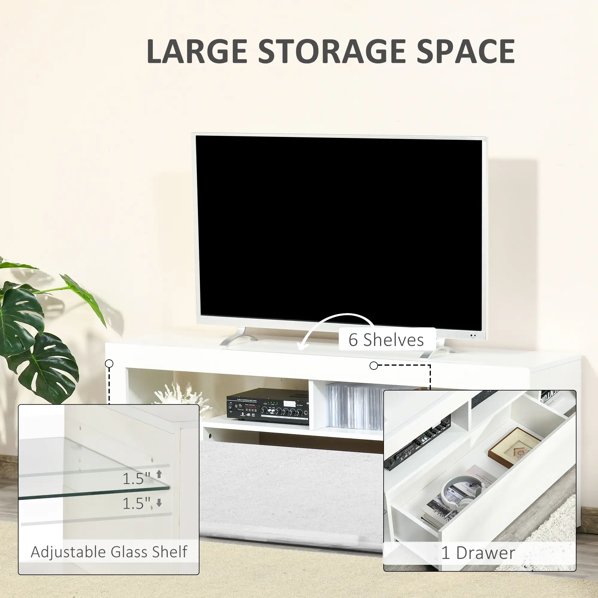 TV Stand for 55-Inch TVs, High Gloss TV Bench with LED Lights, Remote Control, Storage Drawer and Shelves