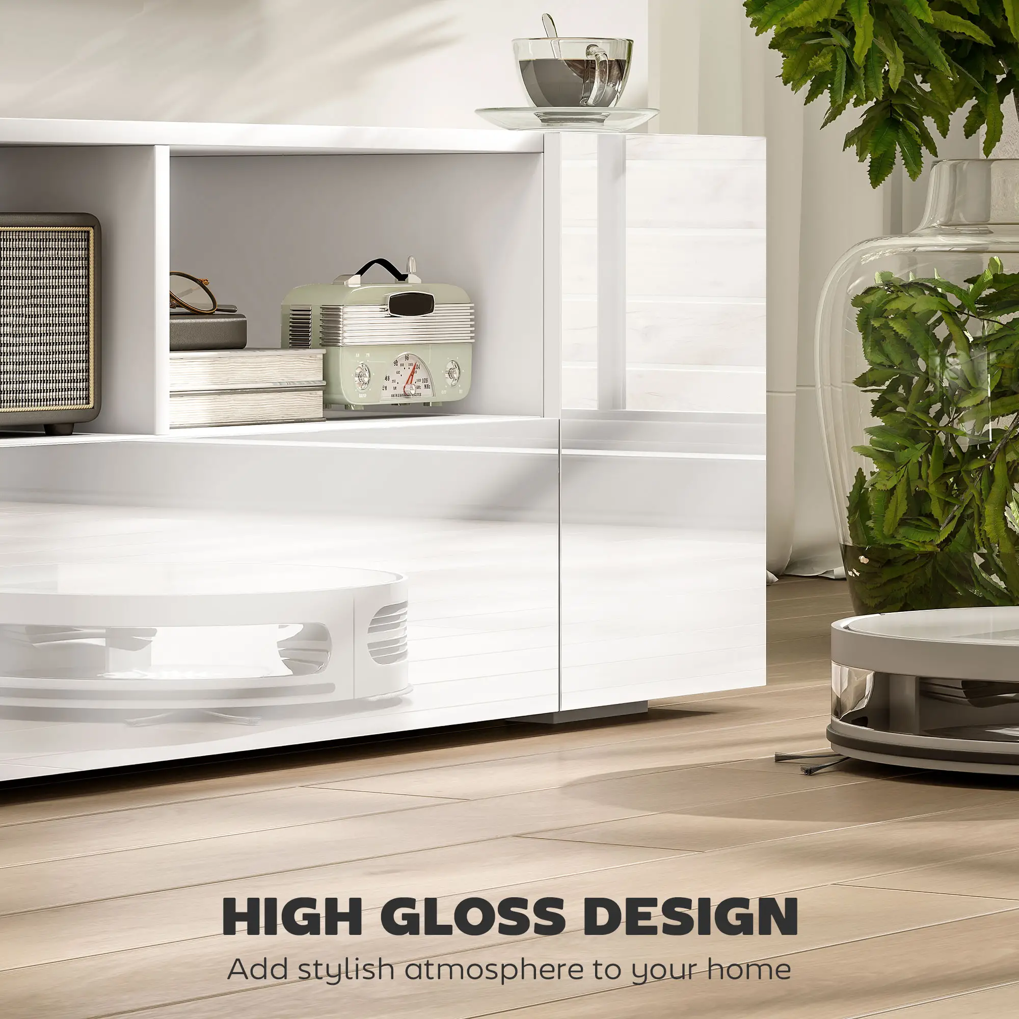 TV Stand for TVs up to 60", TV Unit with LED Lights, Storage Shelves and Cupboards