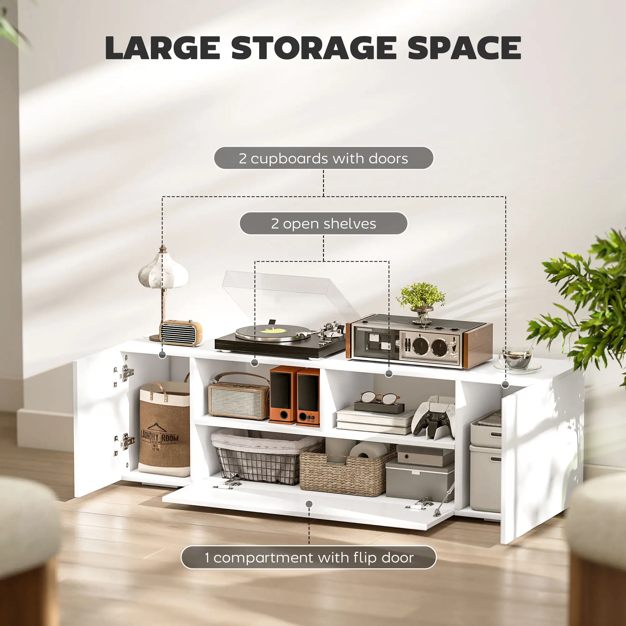 TV Stand for TVs up to 60", TV Unit with LED Lights, Storage Shelves and Cupboards
