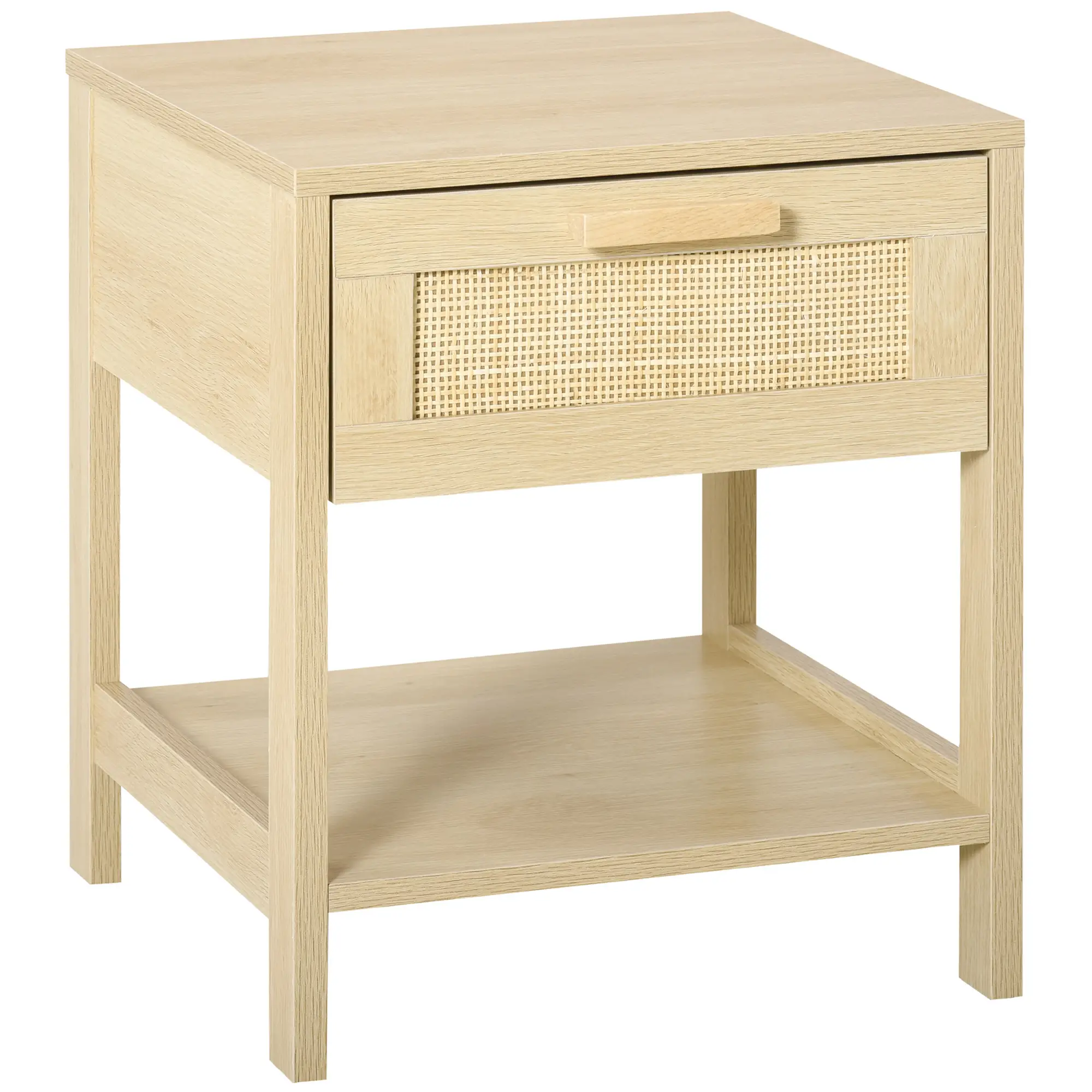  Narrow Nightstand with Rattan Elements, Bedside Table with Drawer and Storage Shelf