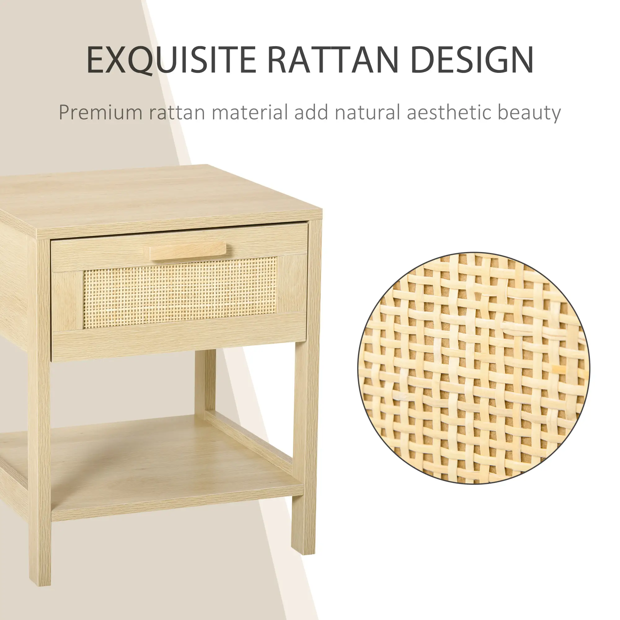  Narrow Nightstand with Rattan Elements, Bedside Table with Drawer and Storage Shelf