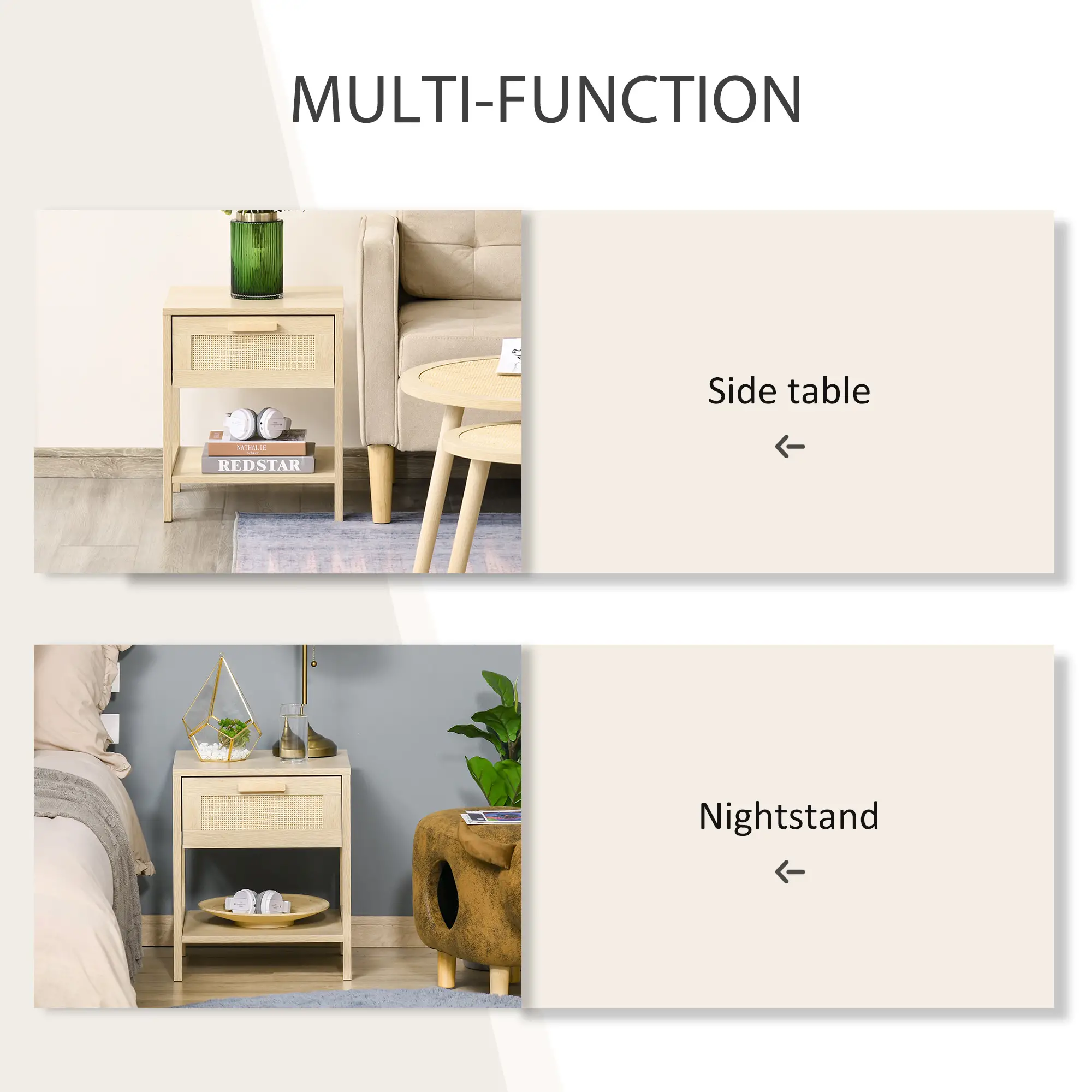  Narrow Nightstand with Rattan Elements, Bedside Table with Drawer and Storage Shelf