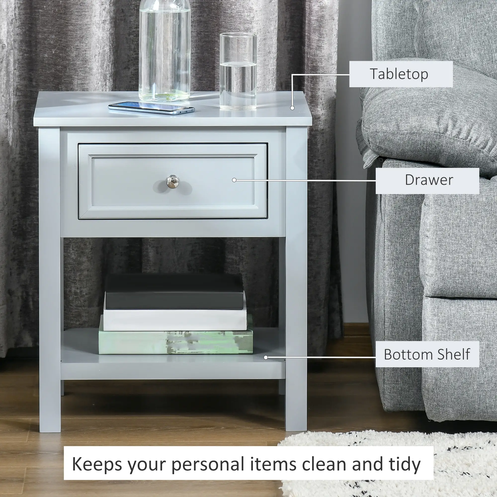 Accent End Table Nightstand with Grey Tabletop, Storage Drawer, and Bottom Shelf