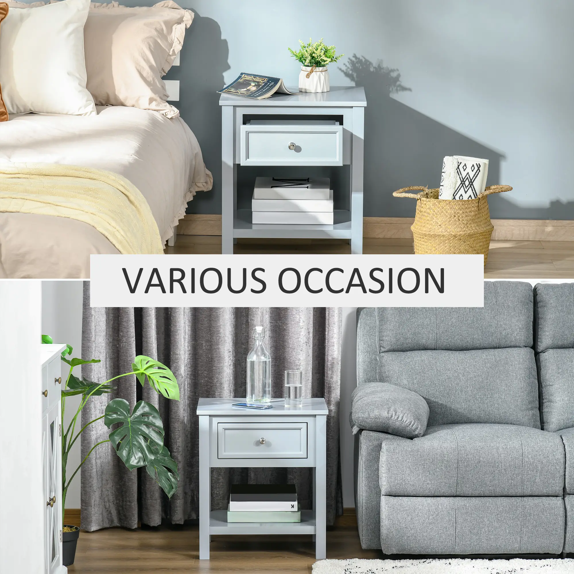 Accent End Table Nightstand with Grey Tabletop, Storage Drawer, and Bottom Shelf