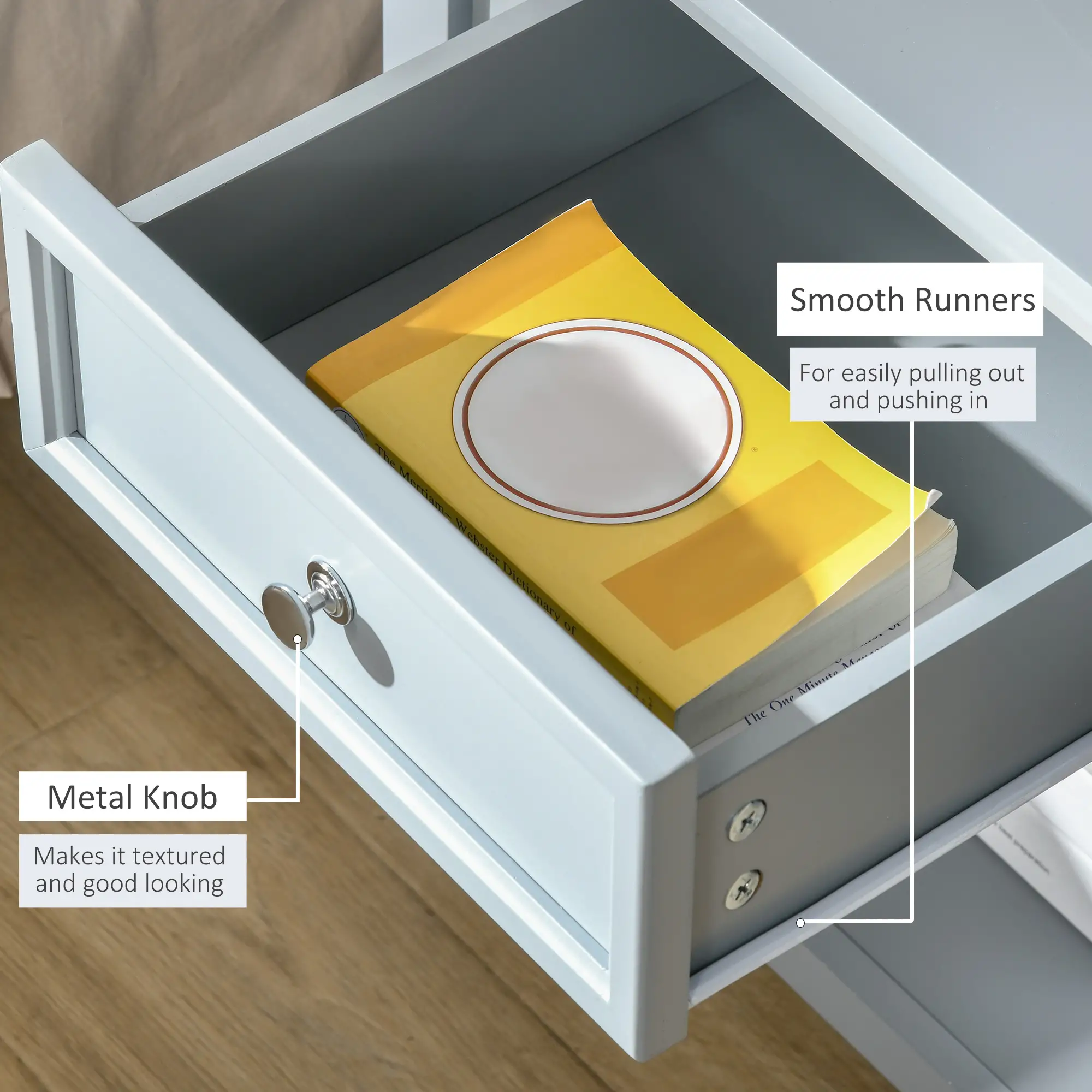 Accent End Table Nightstand with Grey Tabletop, Storage Drawer, and Bottom Shelf
