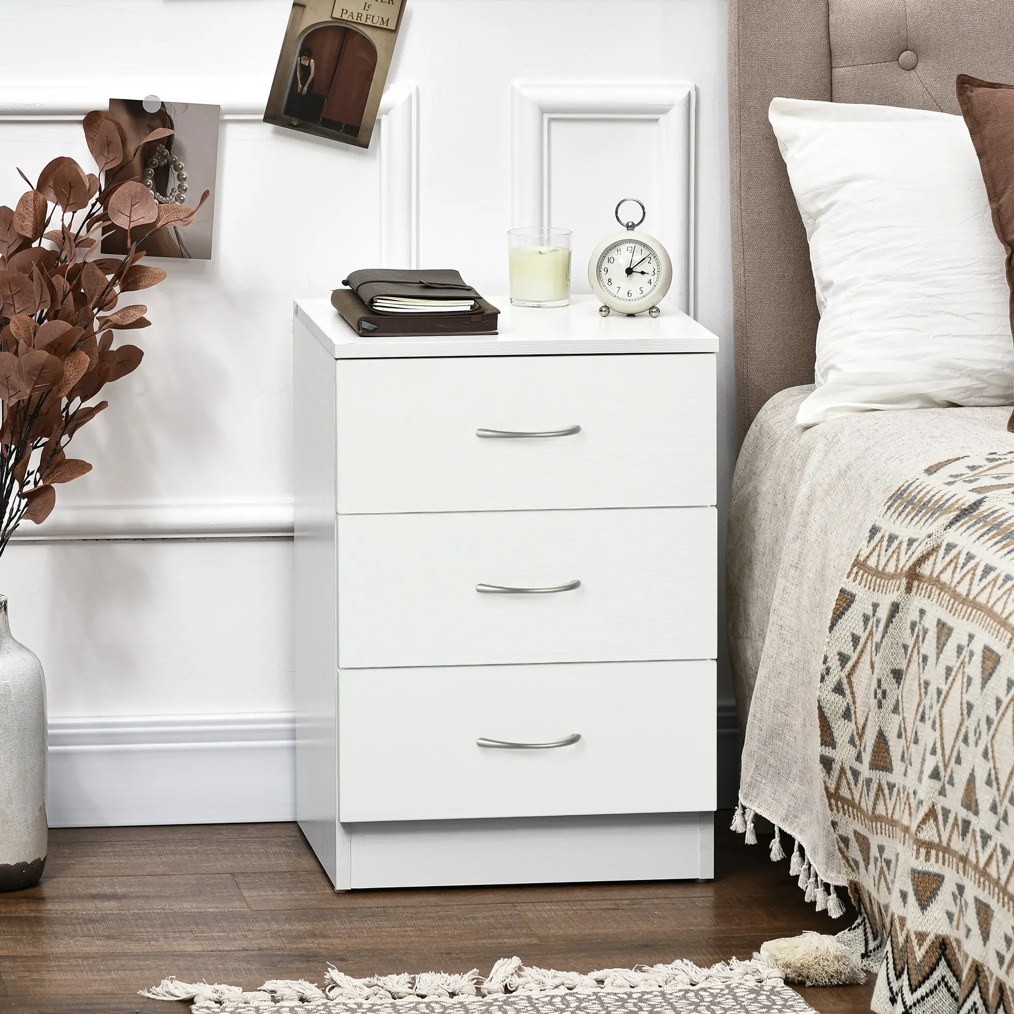  Bedside Table with 3 Drawers, Modern Wood Nightstand, Side Table with Anti-tipping Design