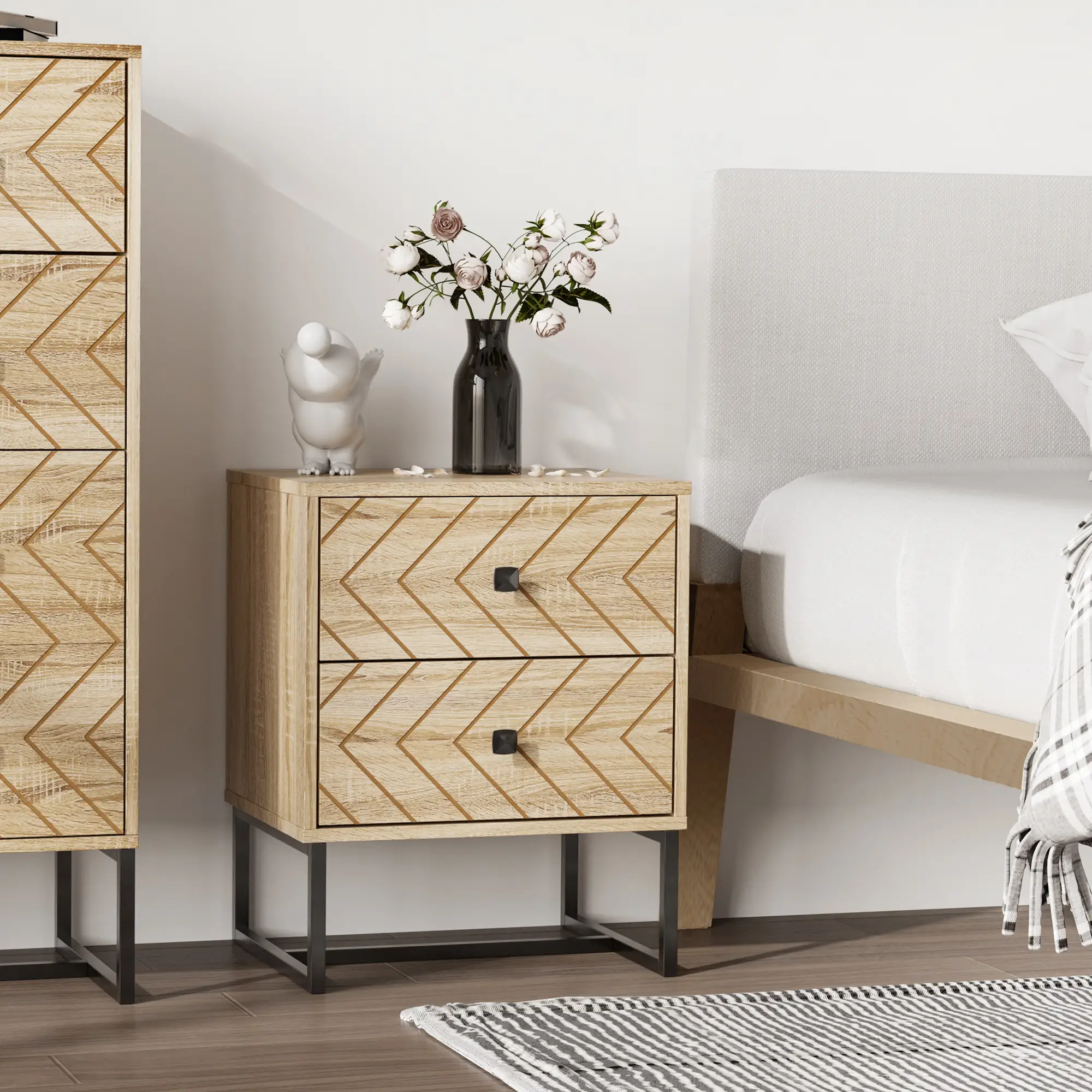  Modern Nightsta, Bedside Table with Drawers, Side End Table with Metal Legs for Bedroom, Zig Zag Design