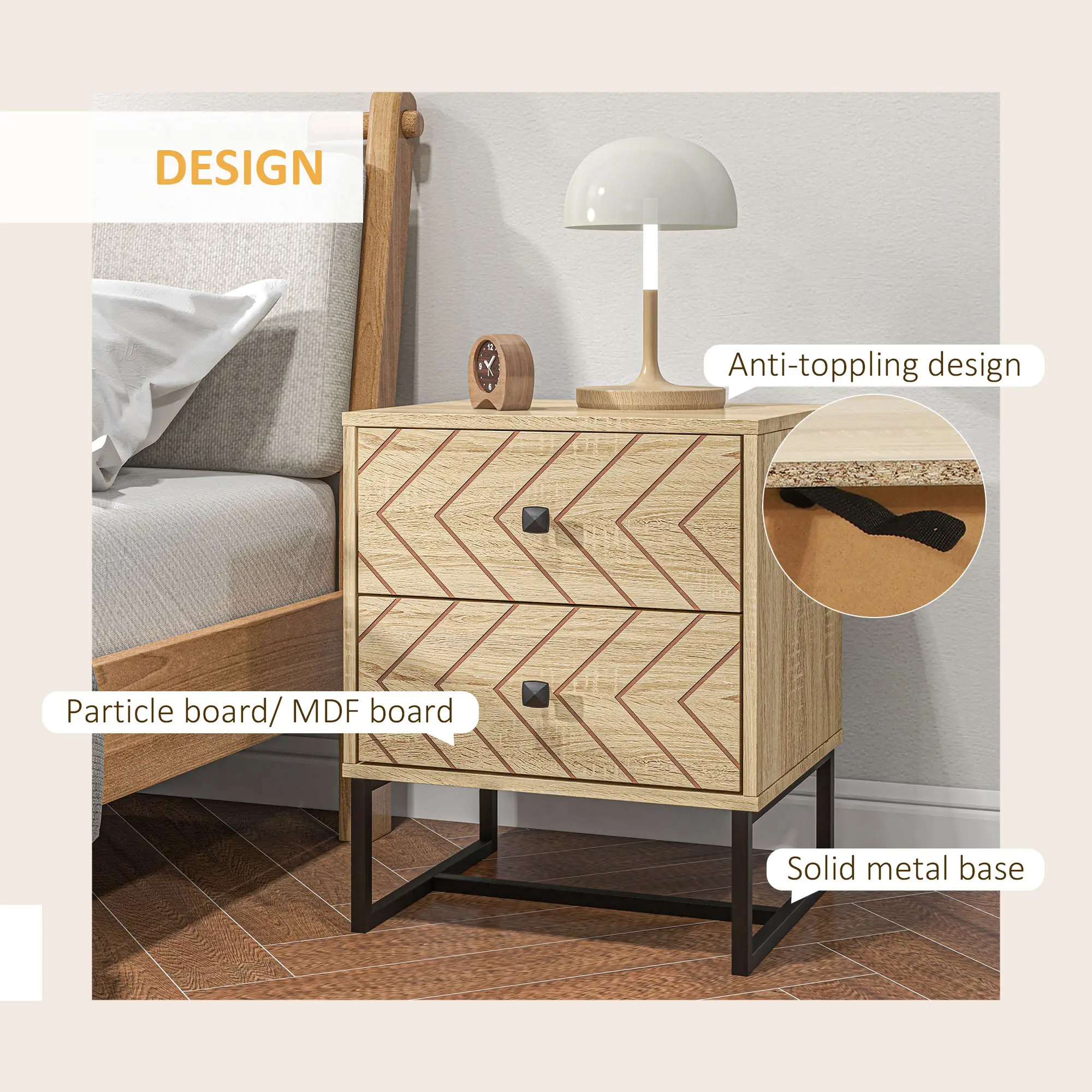  Modern Nightsta, Bedside Table with Drawers, Side End Table with Metal Legs for Bedroom, Zig Zag Design