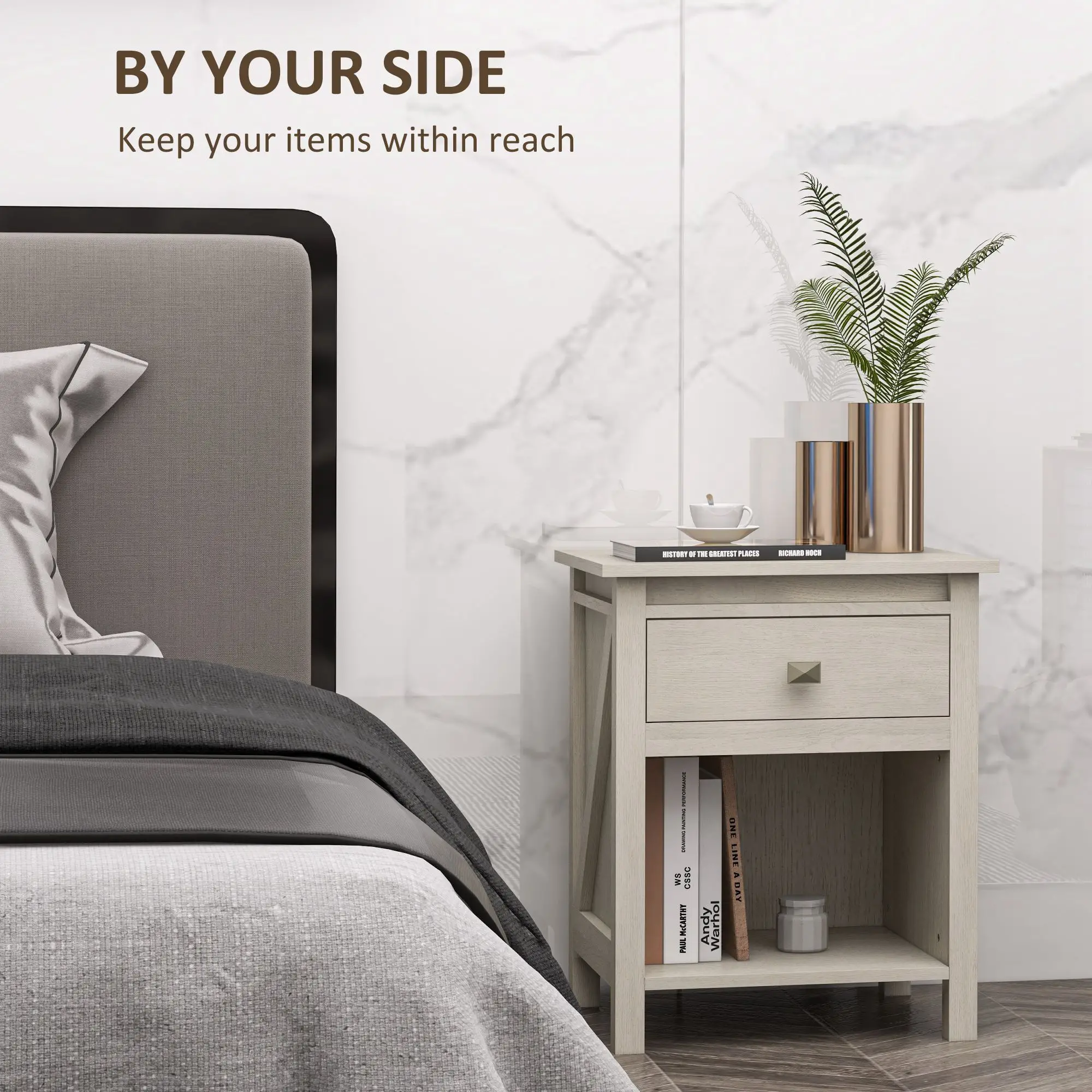 Bedside Table, Farmhouse Nightstand with with Drawer and Storage Shelf