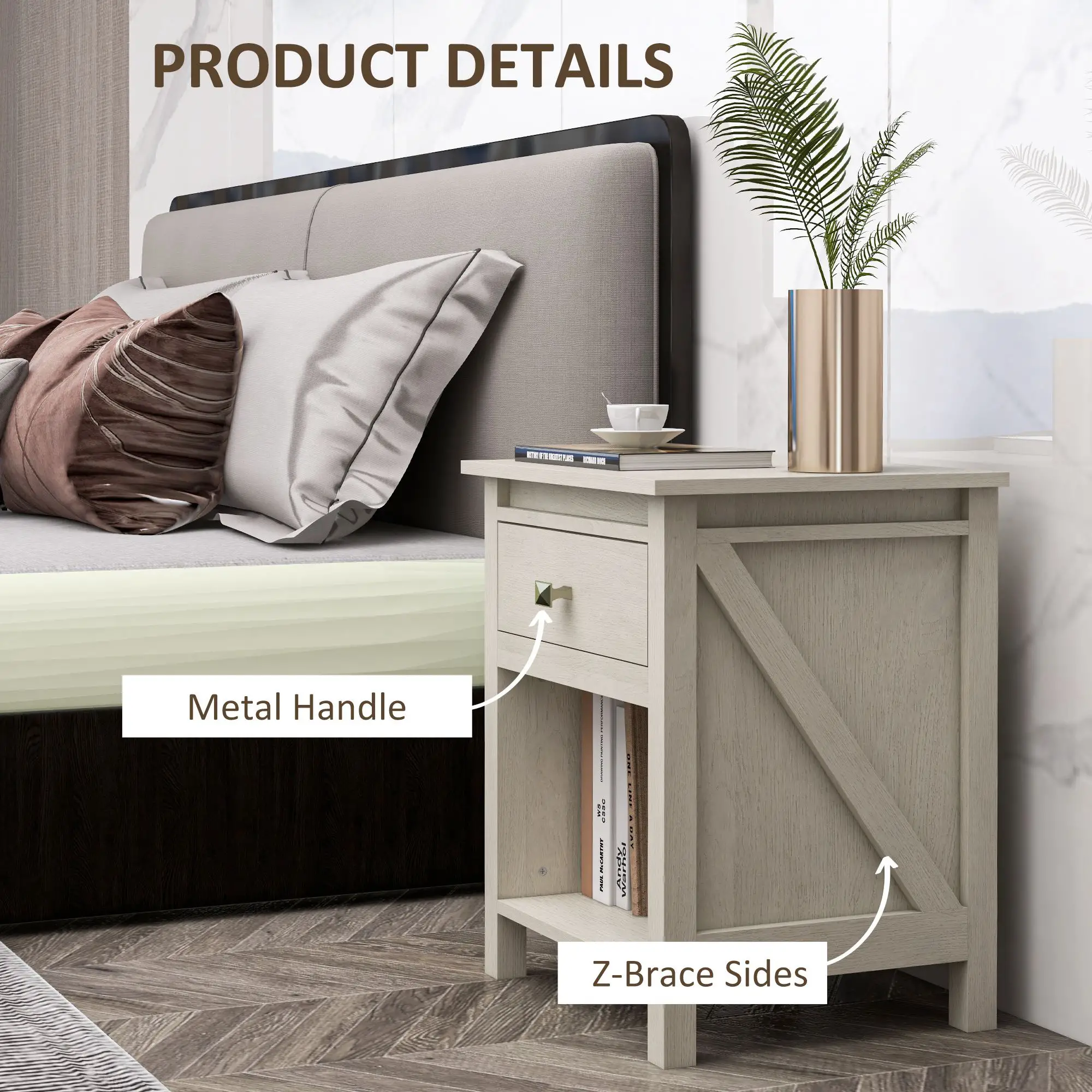 Bedside Table, Farmhouse Nightstand with with Drawer and Storage Shelf