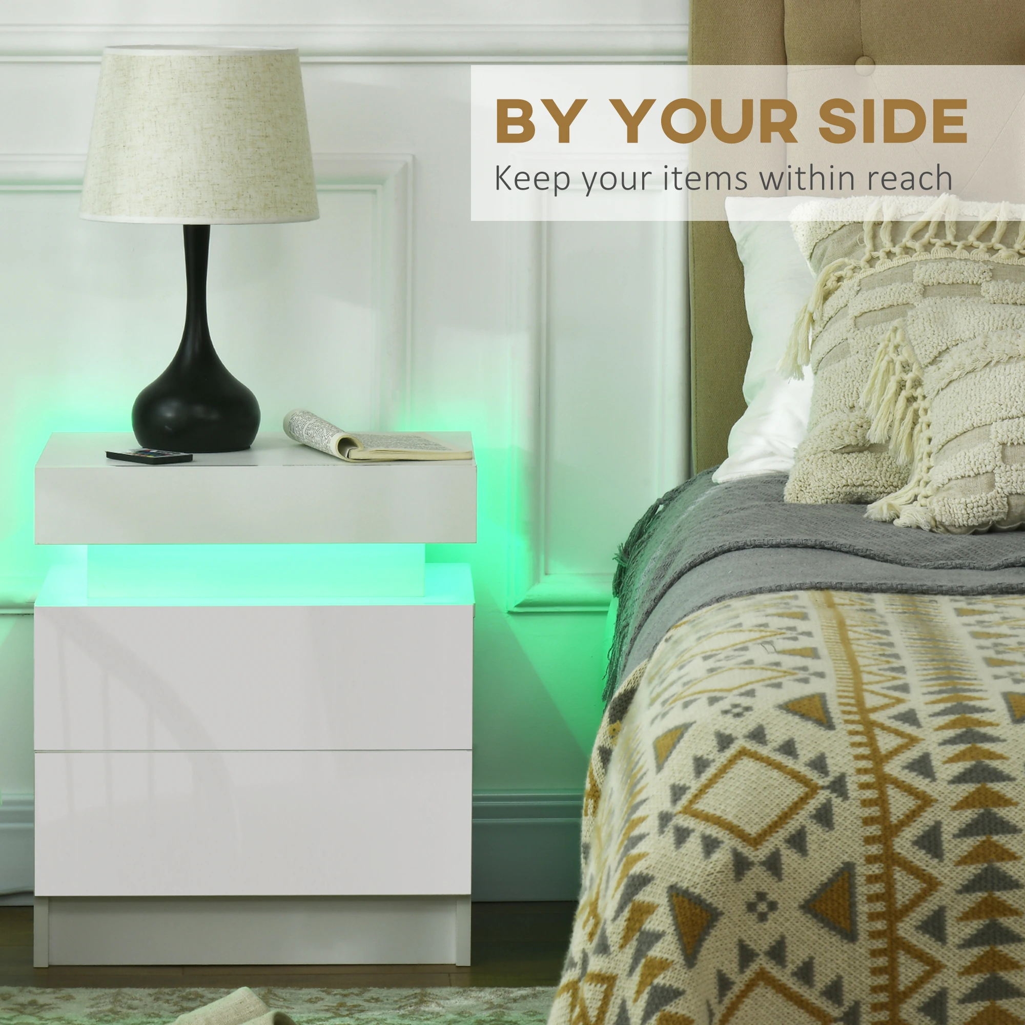 Nightstand, Bedside Table with LED Lights and 2 Drawers 