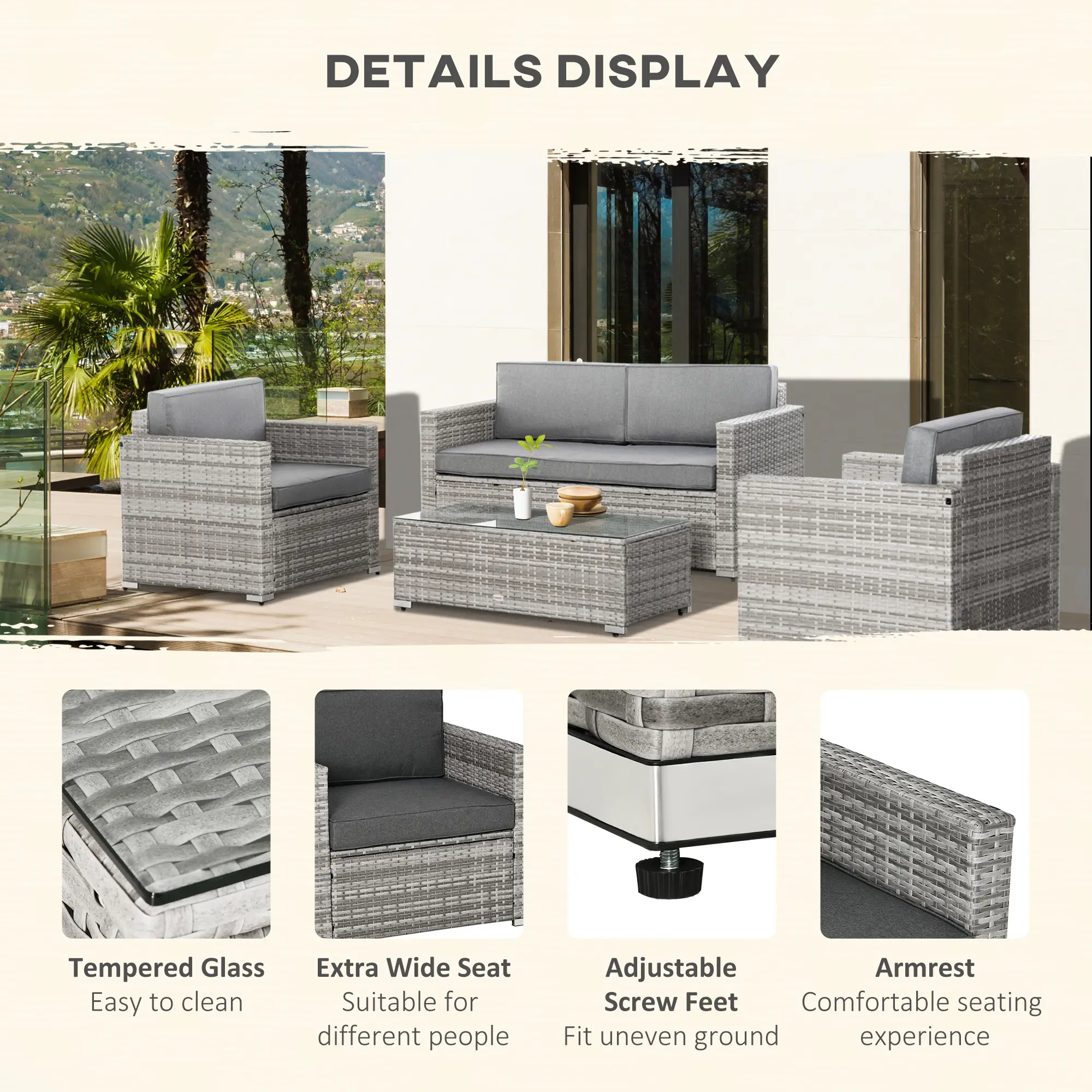 4 Pieces Patio Wicker Sofa Set, Outdoor PE Rattan Extra Wide Seat Conversation Furniture