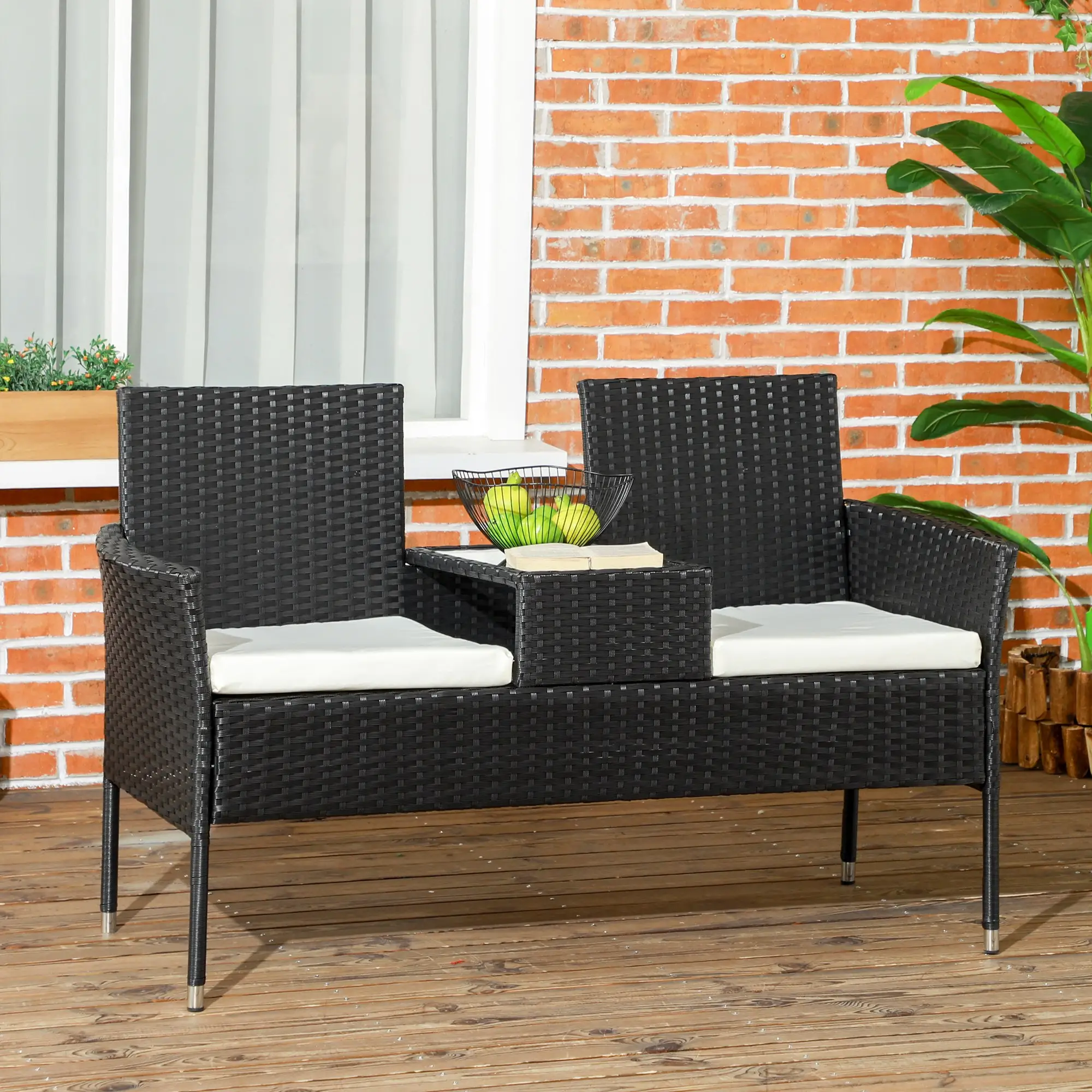 Patio Furniture w/ Mid-Table PE Rattan Loveseat w/ Cushion