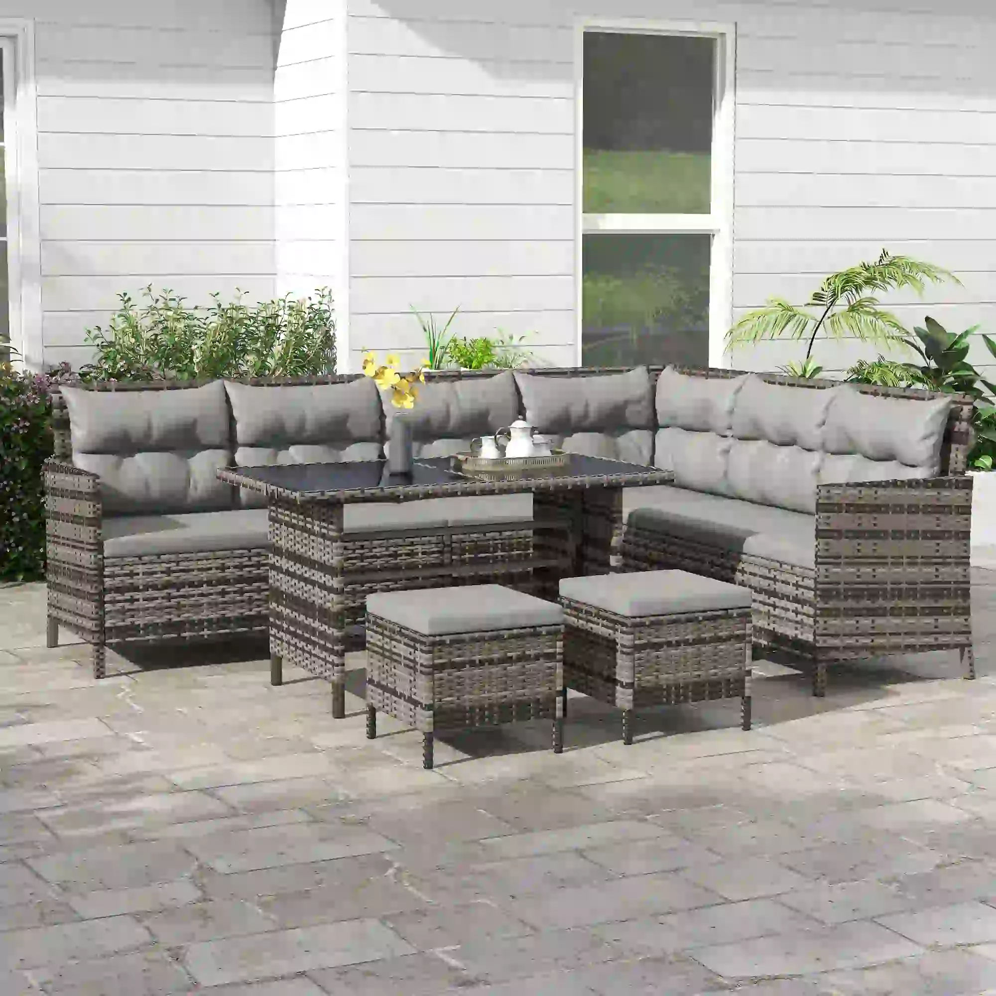 6 Pieces Wicker Patio Dining Set Outdoor Furniture Set with Removable Cushions, Glass Top Dining Table, 2 Ottomans