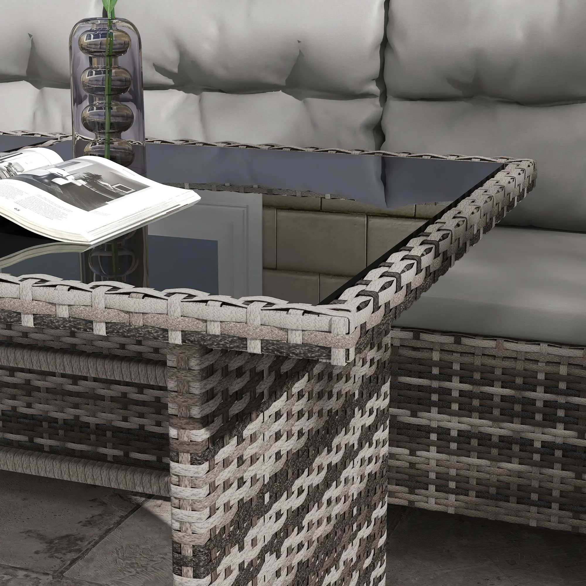 6 Pieces Wicker Patio Dining Set Outdoor Furniture Set with Removable Cushions, Glass Top Dining Table, 2 Ottomans