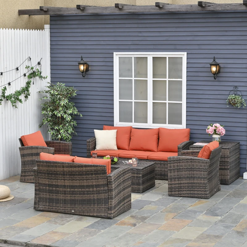 6 Pieces Wicker Patio Furniture Set with Cushions, 7-Seater Rattan Patio Sofa Set with Storage Coffee Table & Side Table
