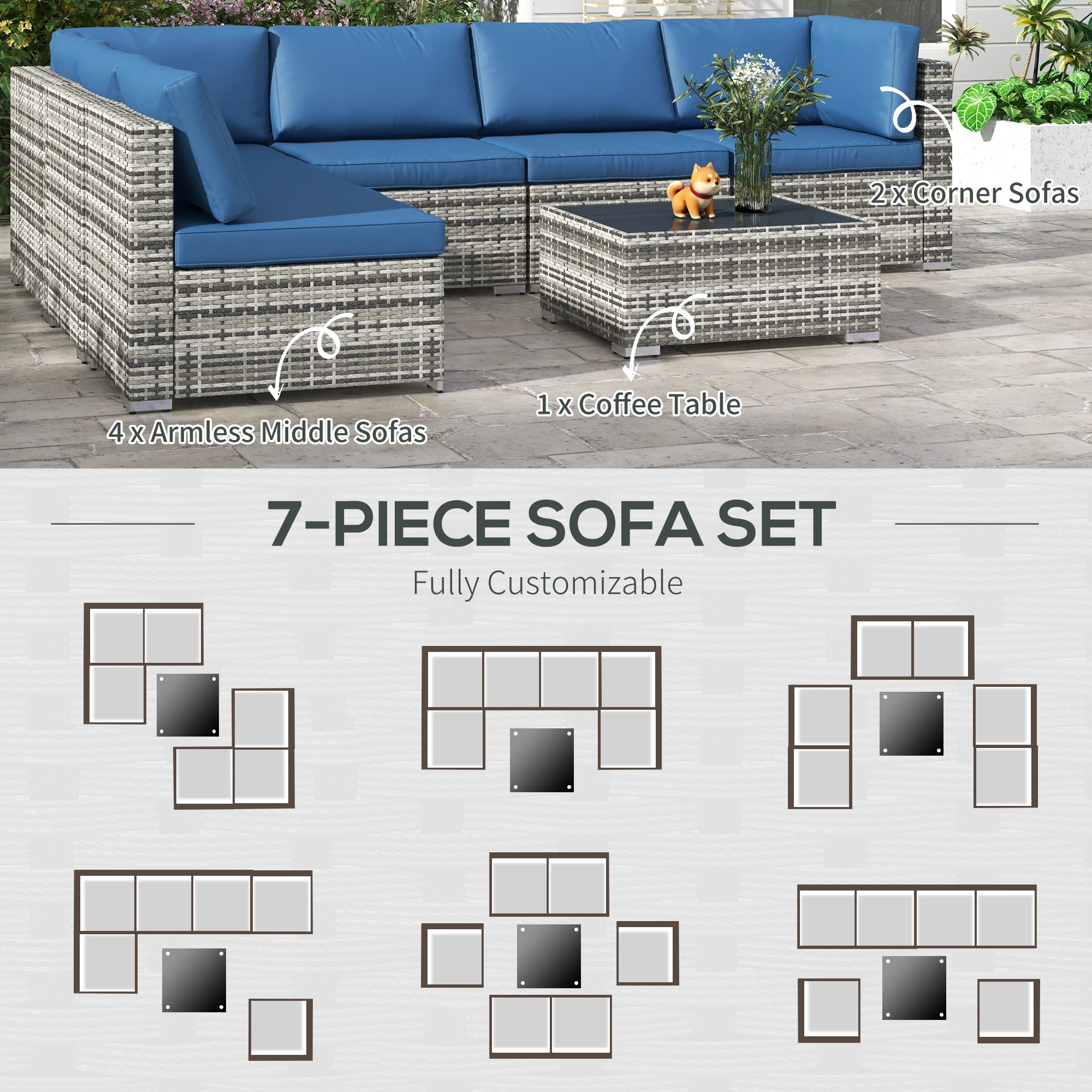 7pc Garden Wicker Sectional Set w/ Tea Table Patio Rattan Lounge Sofa 