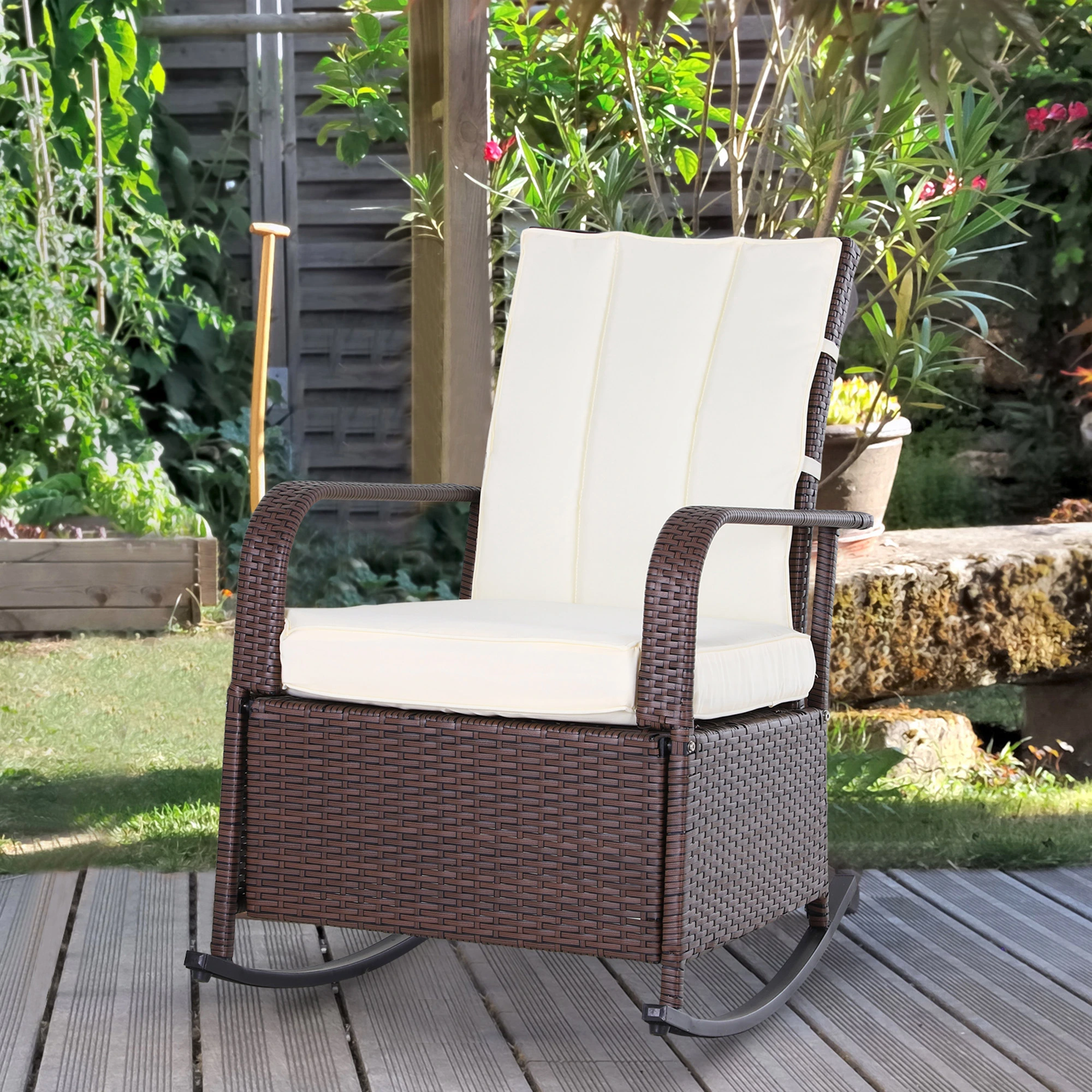  Outdoor Wicker Rocking Chair Patio PE Rattan Recliner Chair with Cushion, Adjustable Footrest, Armrests