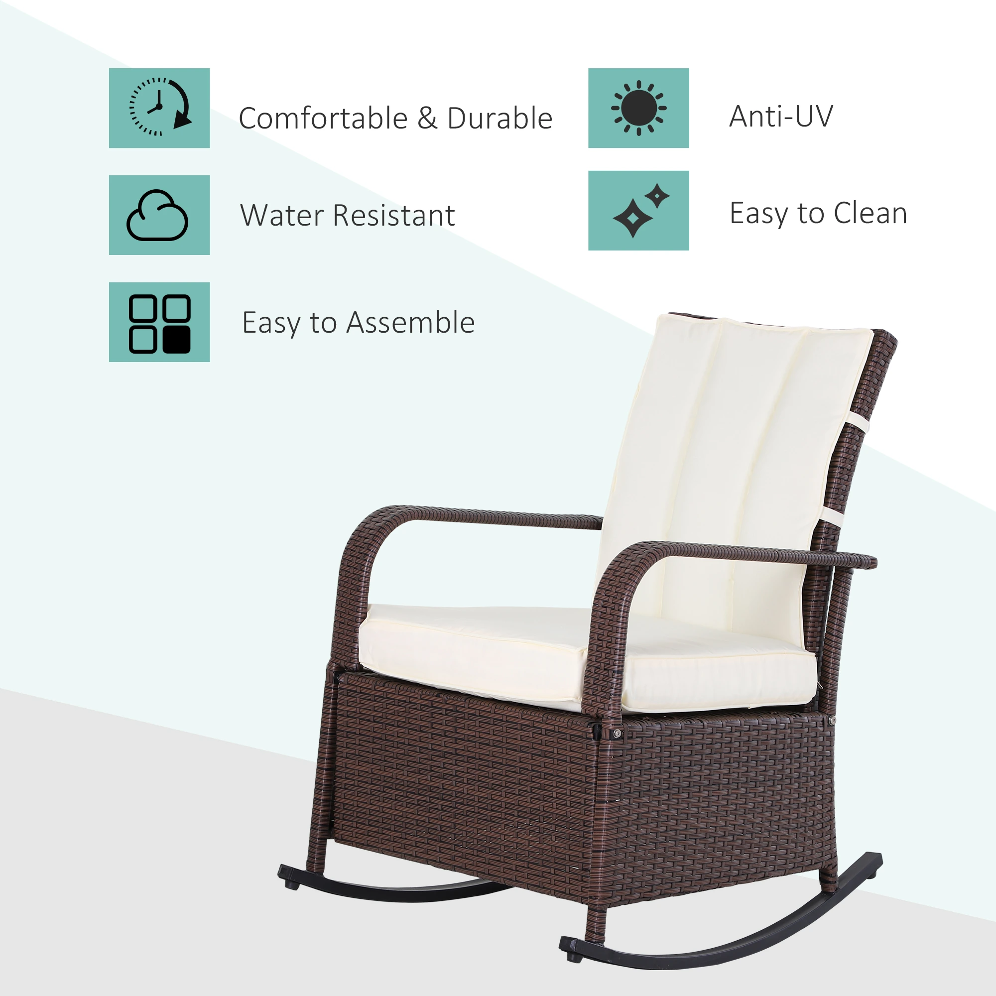  Outdoor Wicker Rocking Chair Patio PE Rattan Recliner Chair with Cushion, Adjustable Footrest, Armrests